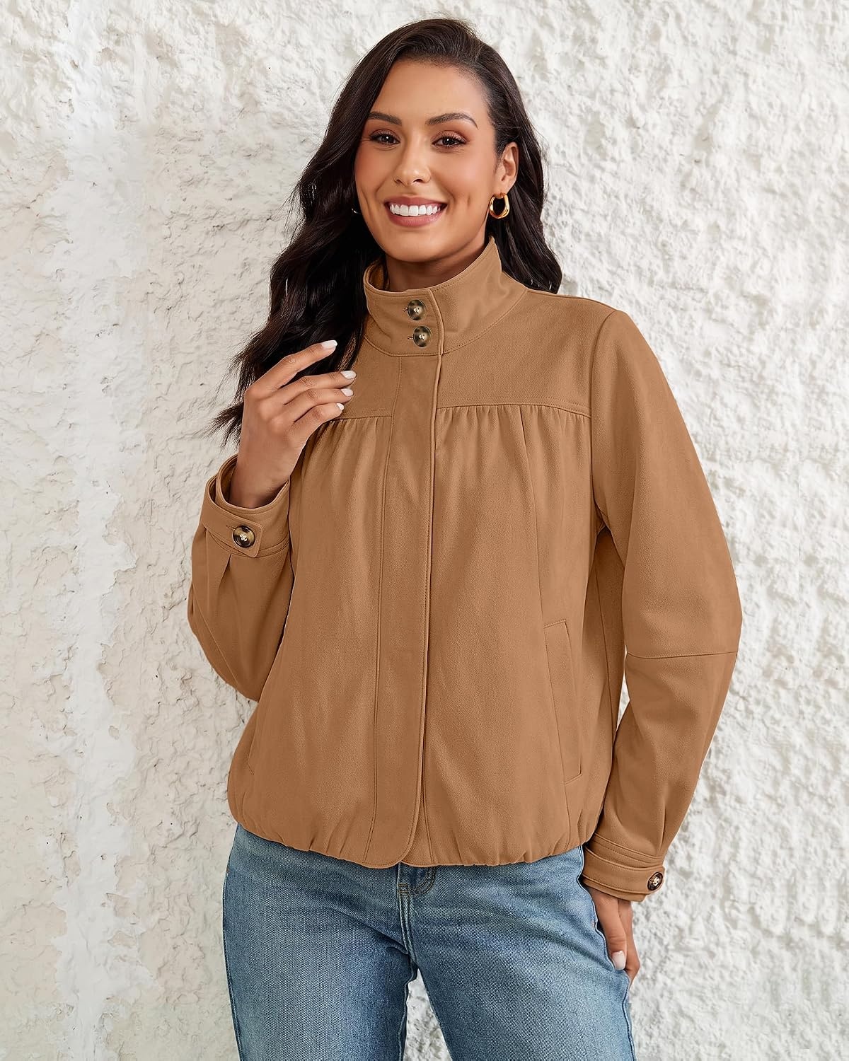 image:imageluvamia Faux Suede Jackets for Women Long Sleeve Button Up Bubble Coat Funnel Neck Short Jacket Elastic Bubble Hem Front Pockets Western Trendy Outerwear Stretchy Dressy Casual Fall OutfitsBrown