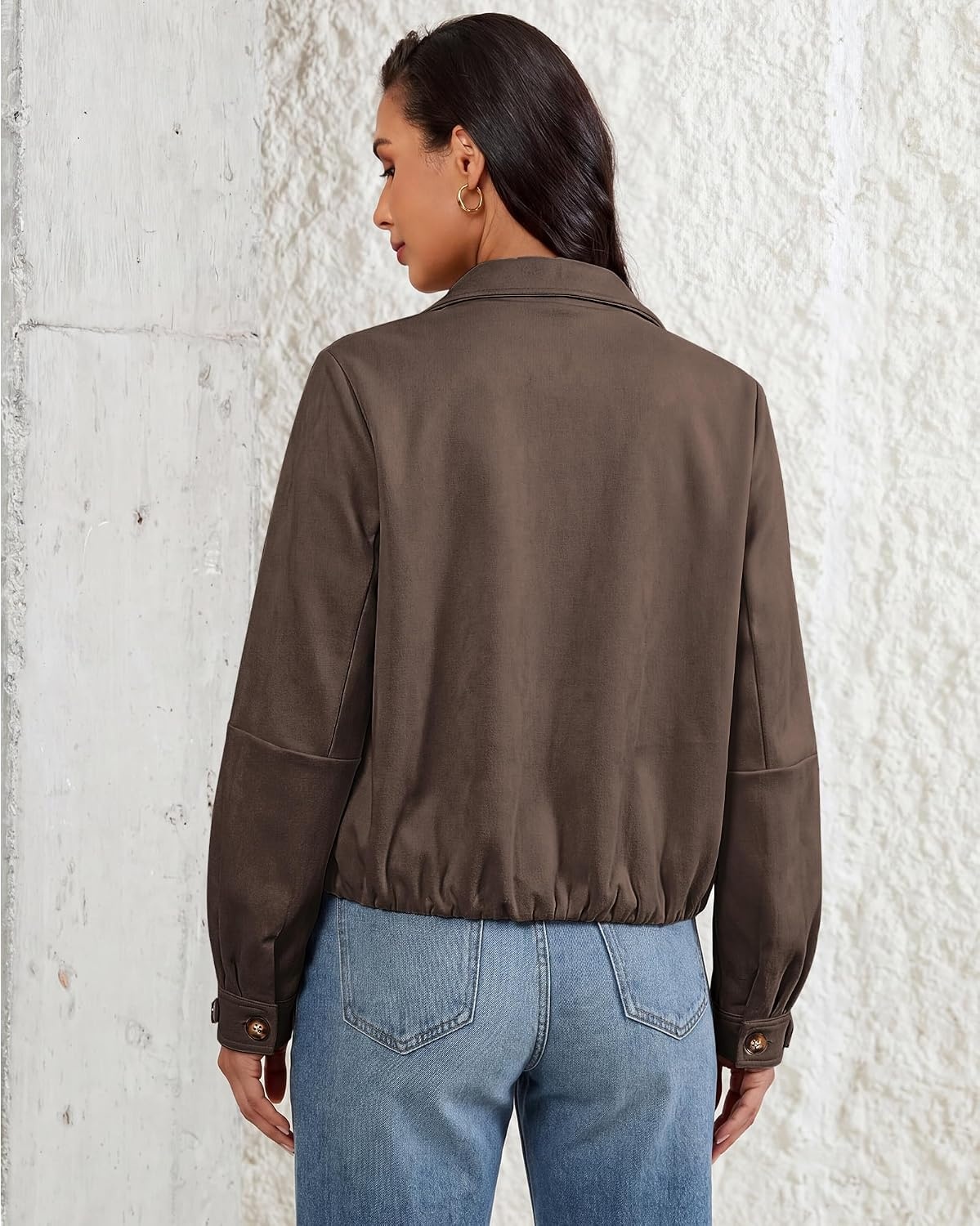 image:imageluvamia Faux Suede Jackets for Women Long Sleeve Button Up Bubble Coat Funnel Neck Short Jacket Elastic Bubble Hem Front Pockets Western Trendy Outerwear Stretchy Dressy Casual Fall OutfitsCoffee Brown