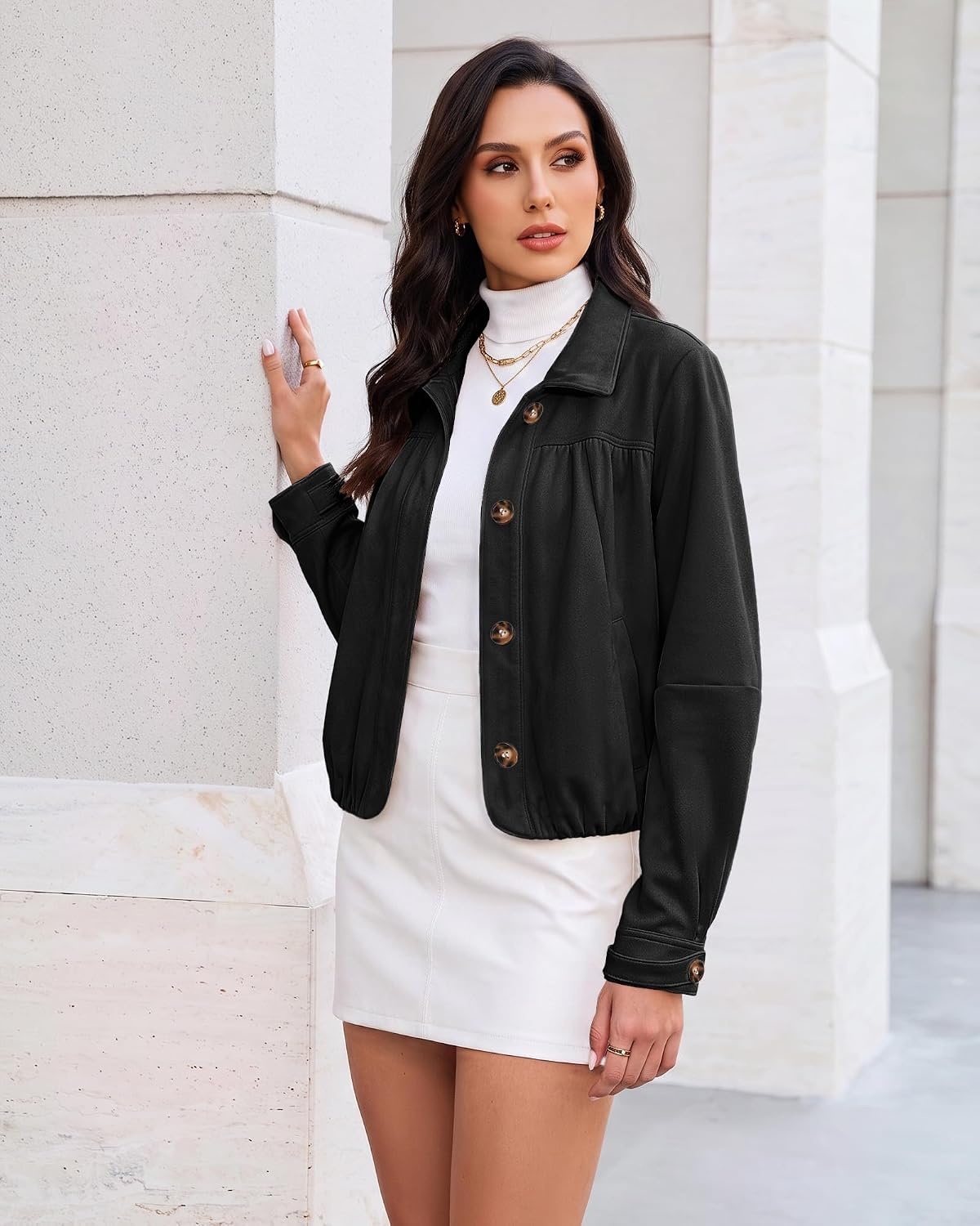 image:imageluvamia Faux Suede Jackets for Women Long Sleeve Button Up Bubble Coat Funnel Neck Short Jacket Elastic Bubble Hem Front Pockets Western Trendy Outerwear Stretchy Dressy Casual Fall OutfitsBlack