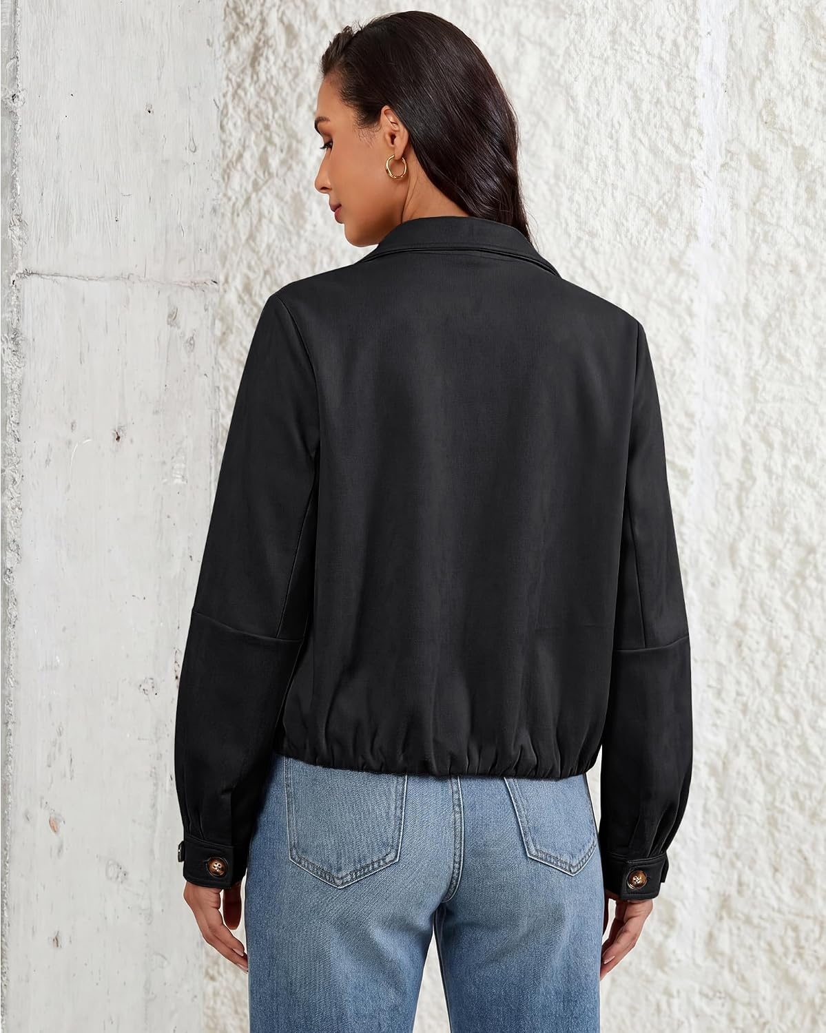 image:imageluvamia Faux Suede Jackets for Women Long Sleeve Button Up Bubble Coat Funnel Neck Short Jacket Elastic Bubble Hem Front Pockets Western Trendy Outerwear Stretchy Dressy Casual Fall OutfitsBlack