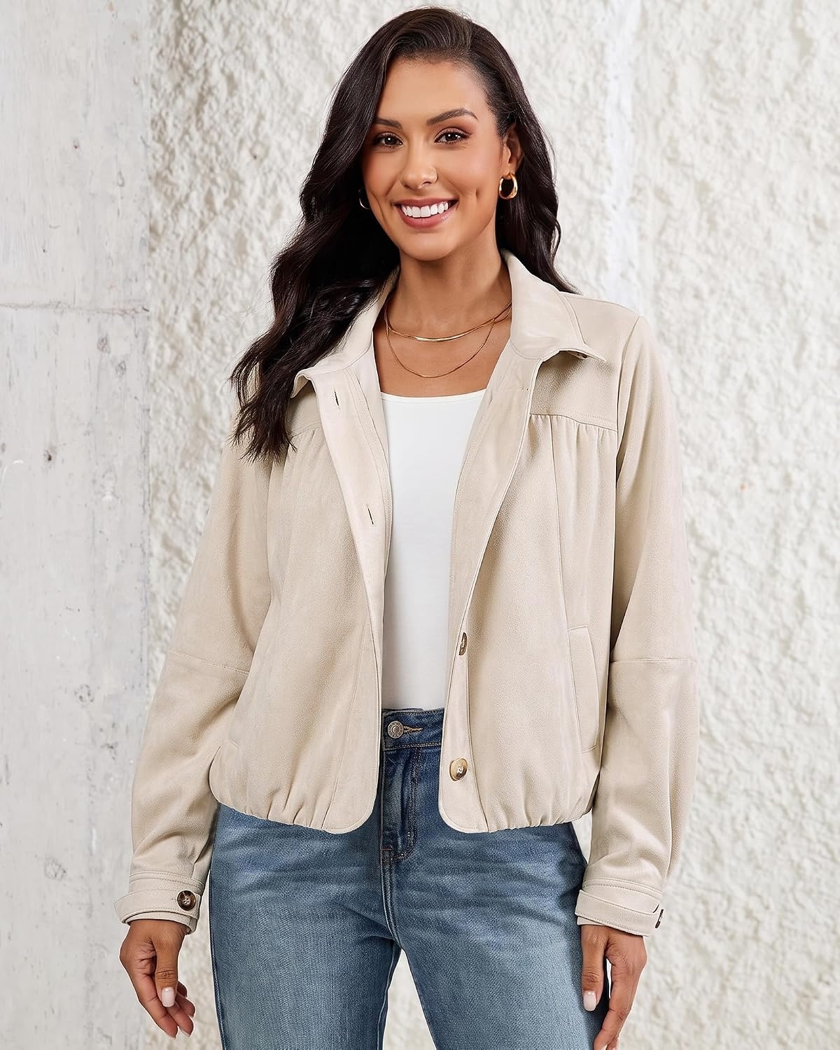 image:imageluvamia Faux Suede Jackets for Women Long Sleeve Button Up Bubble Coat Funnel Neck Short Jacket Elastic Bubble Hem Front Pockets Western Trendy Outerwear Stretchy Dressy Casual Fall OutfitsVanilla