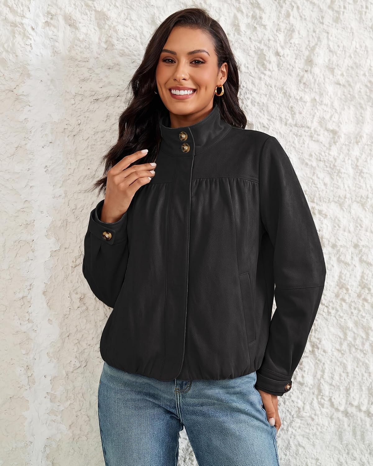 image:imageluvamia Faux Suede Jackets for Women Long Sleeve Button Up Bubble Coat Funnel Neck Short Jacket Elastic Bubble Hem Front Pockets Western Trendy Outerwear Stretchy Dressy Casual Fall OutfitsBlack