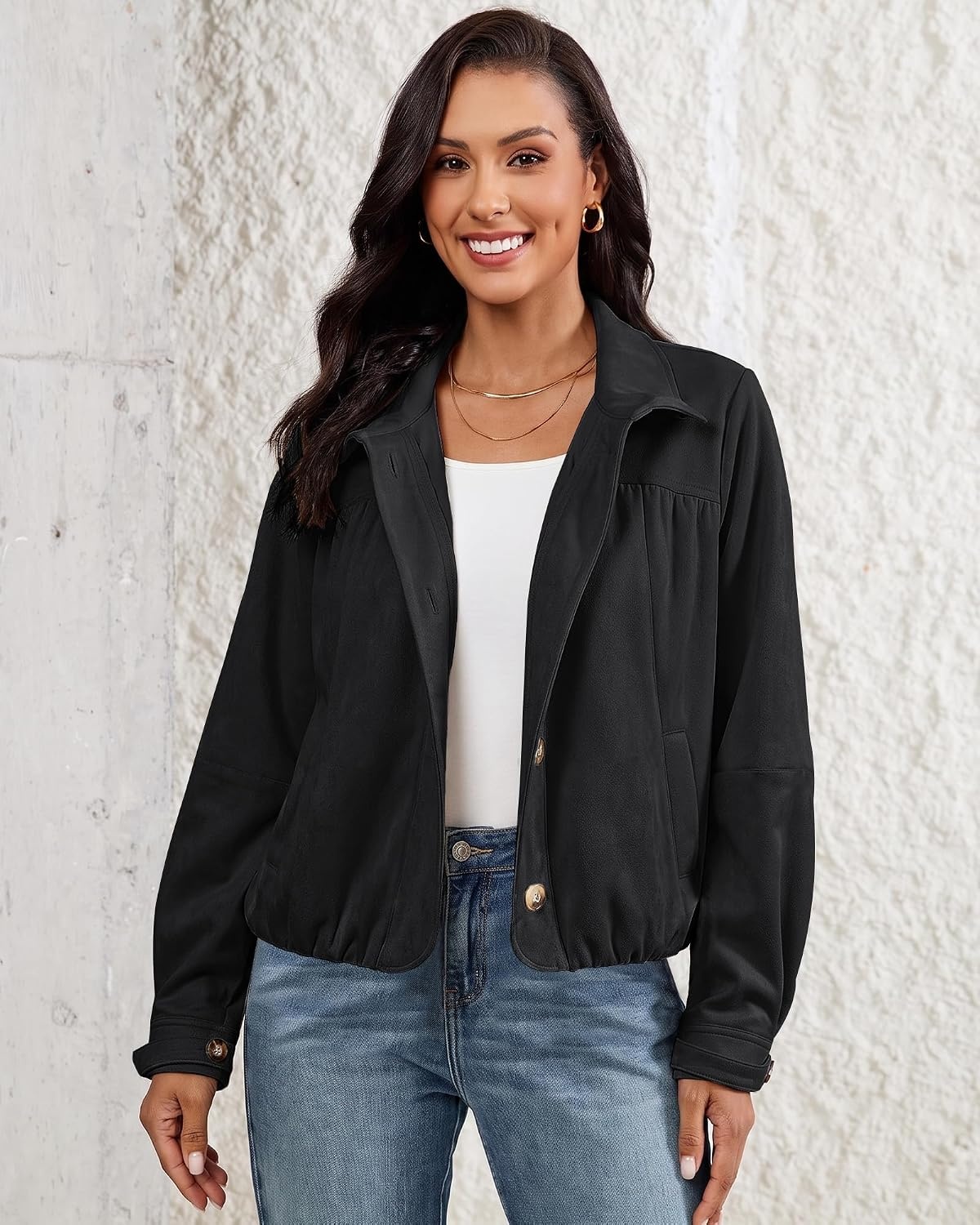 image:imageluvamia Faux Suede Jackets for Women Long Sleeve Button Up Bubble Coat Funnel Neck Short Jacket Elastic Bubble Hem Front Pockets Western Trendy Outerwear Stretchy Dressy Casual Fall OutfitsBlack