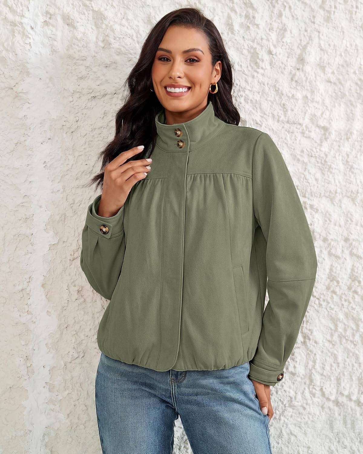 image:imageluvamia Faux Suede Jackets for Women Long Sleeve Button Up Bubble Coat Funnel Neck Short Jacket Elastic Bubble Hem Front Pockets Western Trendy Outerwear Stretchy Dressy Casual Fall OutfitsArmy Green