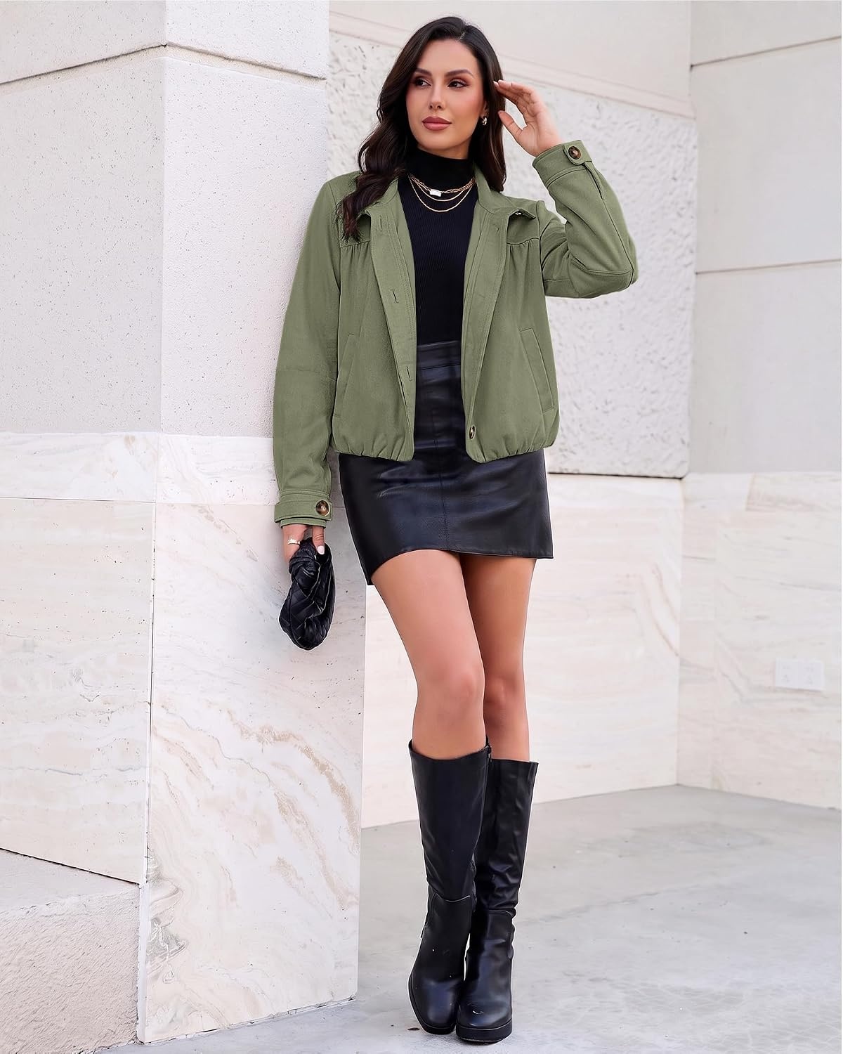 image:imageluvamia Faux Suede Jackets for Women Long Sleeve Button Up Bubble Coat Funnel Neck Short Jacket Elastic Bubble Hem Front Pockets Western Trendy Outerwear Stretchy Dressy Casual Fall OutfitsArmy Green