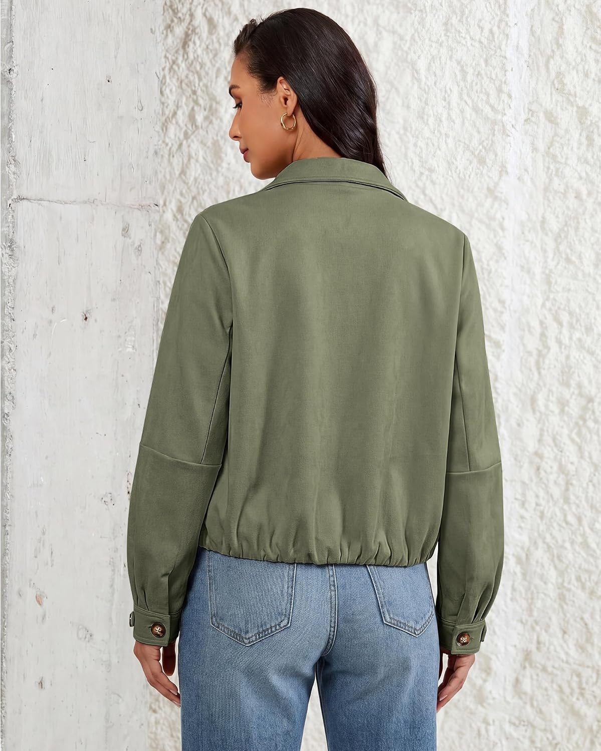 image:imageluvamia Faux Suede Jackets for Women Long Sleeve Button Up Bubble Coat Funnel Neck Short Jacket Elastic Bubble Hem Front Pockets Western Trendy Outerwear Stretchy Dressy Casual Fall OutfitsArmy Green
