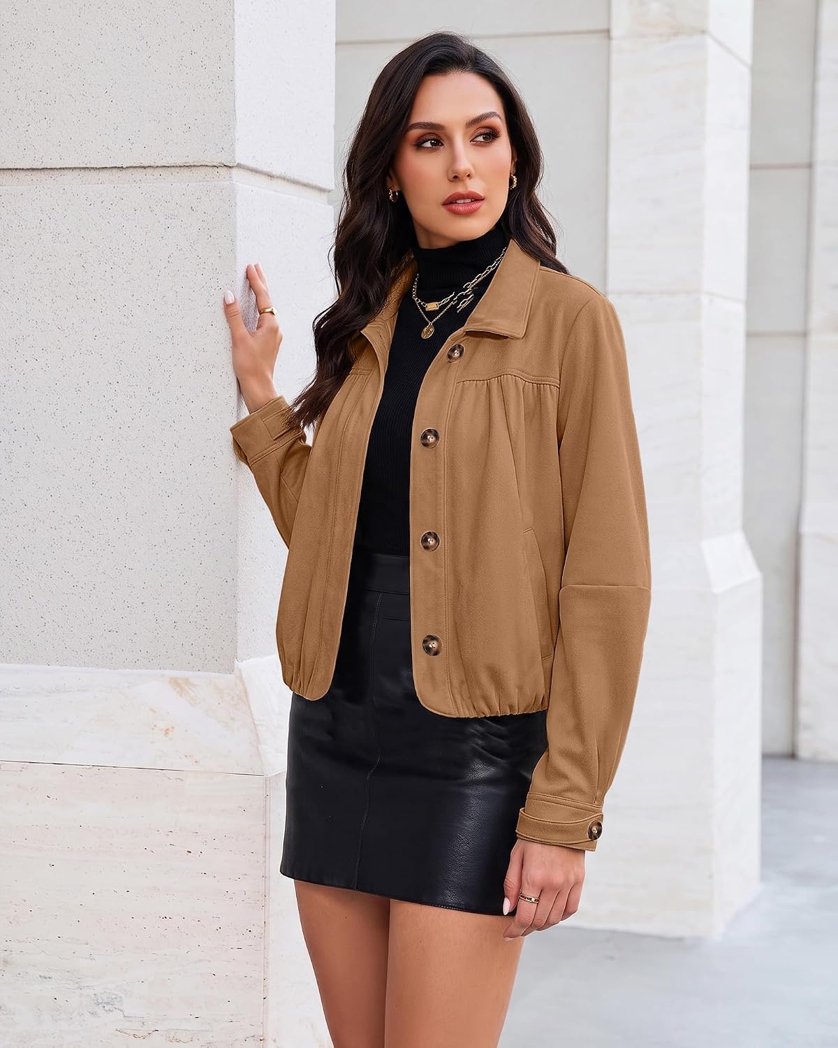 image:imageluvamia Faux Suede Jackets for Women Long Sleeve Button Up Bubble Coat Funnel Neck Short Jacket Elastic Bubble Hem Front Pockets Western Trendy Outerwear Stretchy Dressy Casual Fall OutfitsBrown