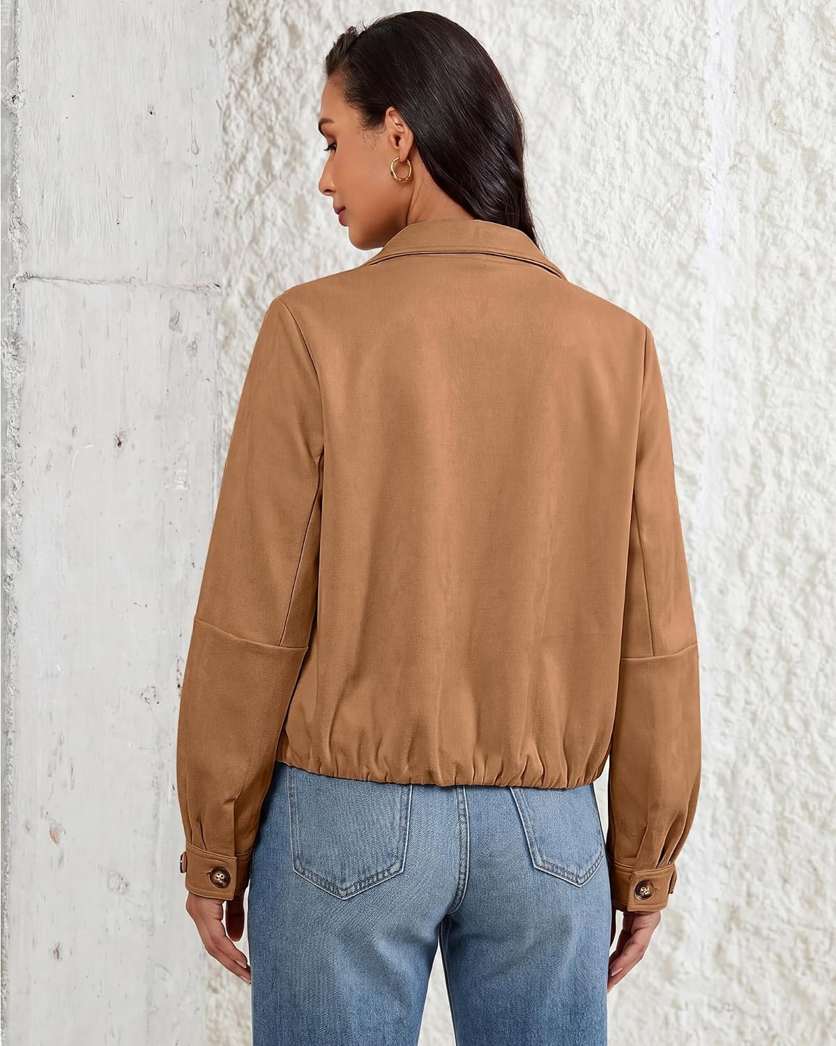 image:imageluvamia Faux Suede Jackets for Women Long Sleeve Button Up Bubble Coat Funnel Neck Short Jacket Elastic Bubble Hem Front Pockets Western Trendy Outerwear Stretchy Dressy Casual Fall OutfitsBrown