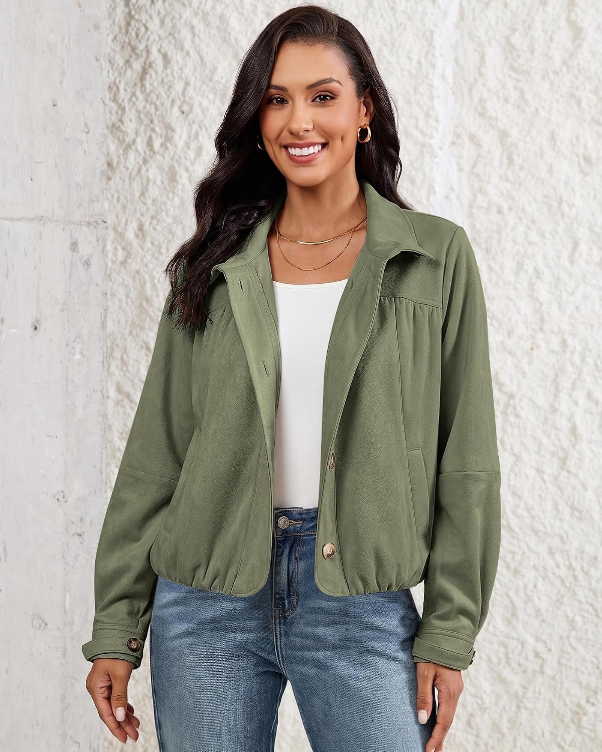 image:imageluvamia Faux Suede Jackets for Women Long Sleeve Button Up Bubble Coat Funnel Neck Short Jacket Elastic Bubble Hem Front Pockets Western Trendy Outerwear Stretchy Dressy Casual Fall OutfitsArmy Green