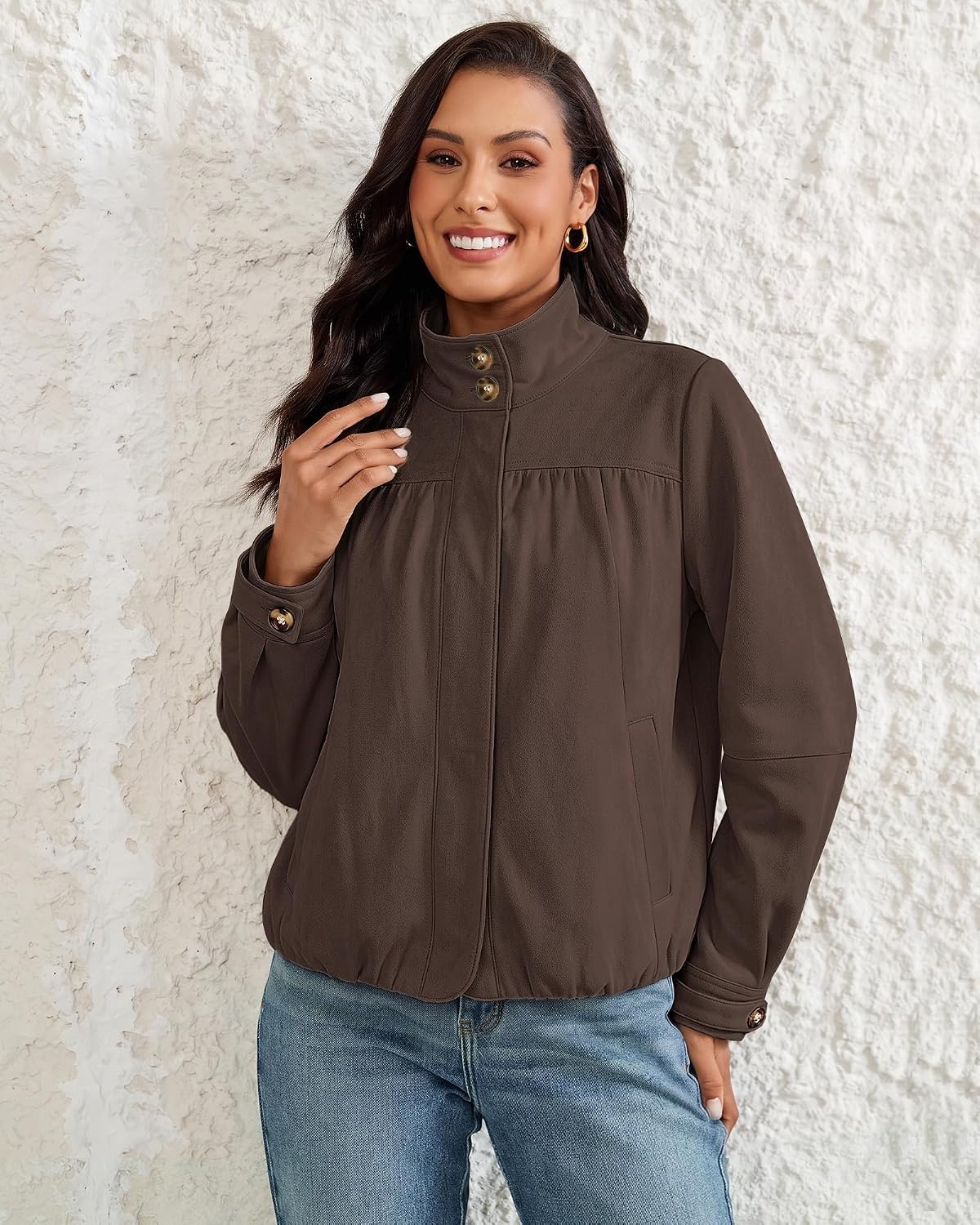 image:imageluvamia Faux Suede Jackets for Women Long Sleeve Button Up Bubble Coat Funnel Neck Short Jacket Elastic Bubble Hem Front Pockets Western Trendy Outerwear Stretchy Dressy Casual Fall OutfitsCoffee Brown