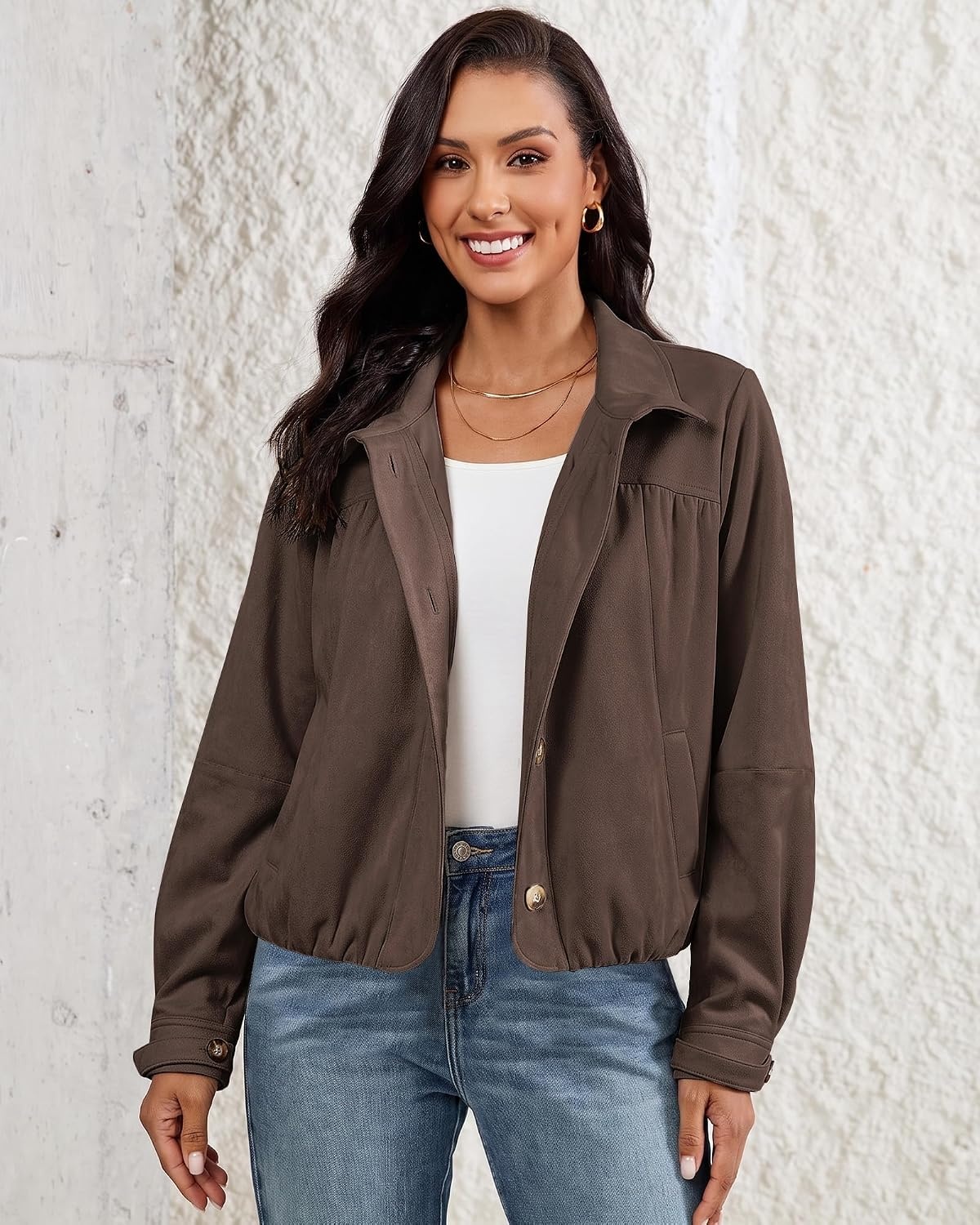 image:imageluvamia Faux Suede Jackets for Women Long Sleeve Button Up Bubble Coat Funnel Neck Short Jacket Elastic Bubble Hem Front Pockets Western Trendy Outerwear Stretchy Dressy Casual Fall OutfitsCoffee Brown