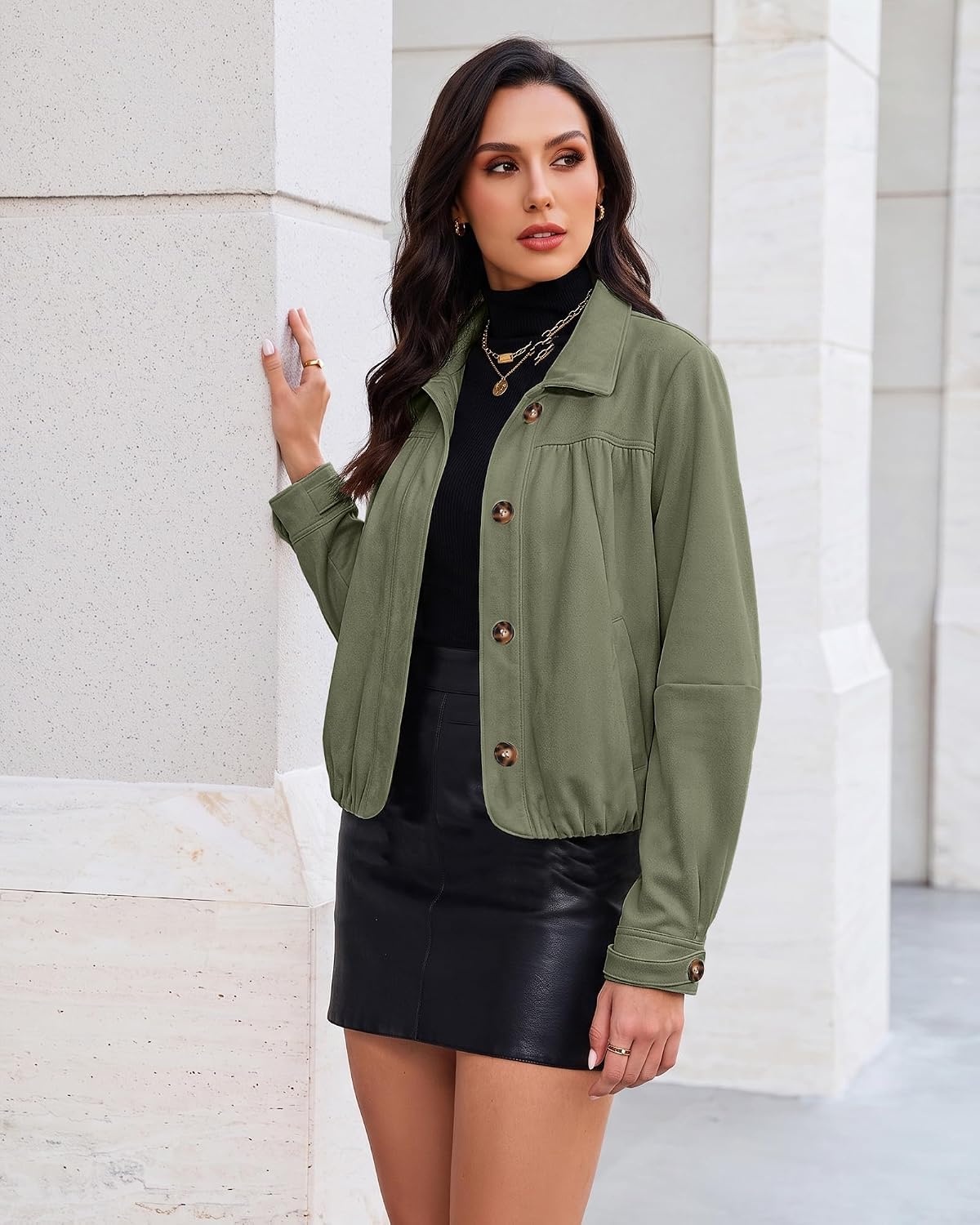 image:imageluvamia Faux Suede Jackets for Women Long Sleeve Button Up Bubble Coat Funnel Neck Short Jacket Elastic Bubble Hem Front Pockets Western Trendy Outerwear Stretchy Dressy Casual Fall OutfitsArmy Green