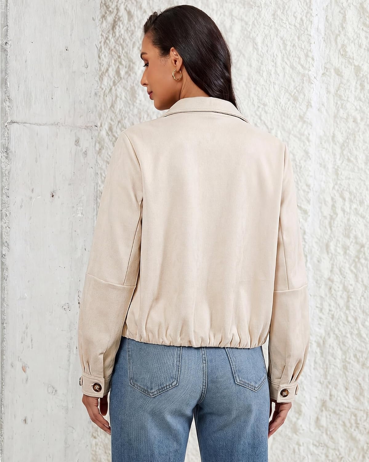 image:imageluvamia Faux Suede Jackets for Women Long Sleeve Button Up Bubble Coat Funnel Neck Short Jacket Elastic Bubble Hem Front Pockets Western Trendy Outerwear Stretchy Dressy Casual Fall OutfitsVanilla