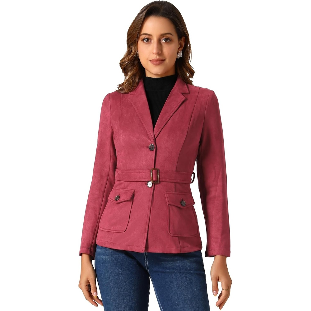 image:imageAllegra K Womens Faux Suede Blazer Belted Work Suit Jacket with Pockets Long Sleeve Button Down Collared Blazers Professional Business Casual Outfits for Fall WinterDark Red