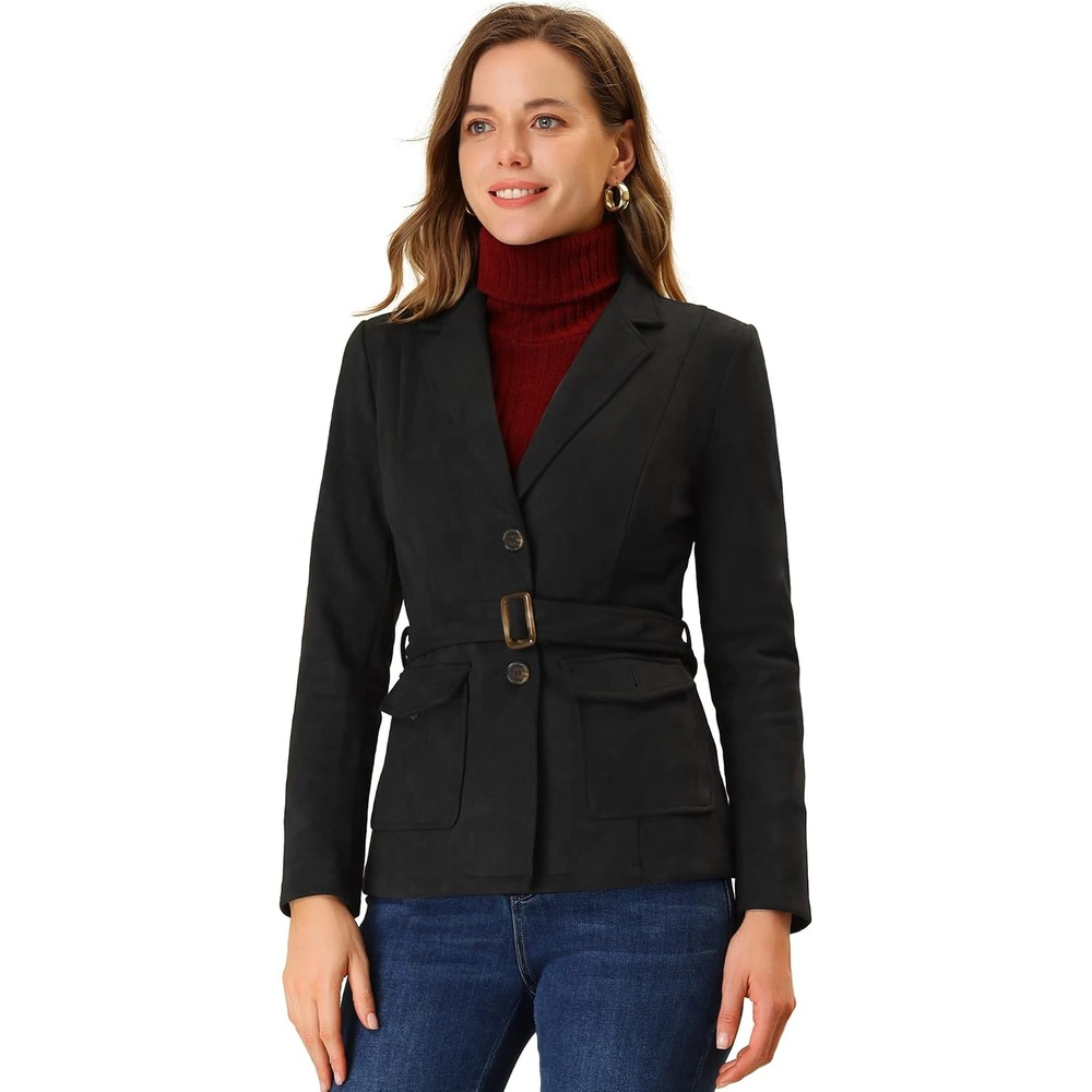 image:imageAllegra K Womens Faux Suede Blazer Belted Work Suit Jacket with Pockets Long Sleeve Button Down Collared Blazers Professional Business Casual Outfits for Fall WinterBlack