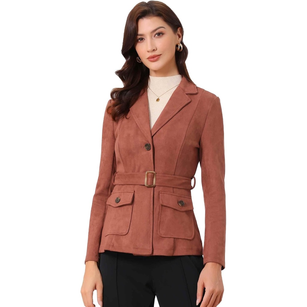 image:imageAllegra K Womens Faux Suede Blazer Belted Work Suit Jacket with Pockets Long Sleeve Button Down Collared Blazers Professional Business Casual Outfits for Fall WinterCaramel