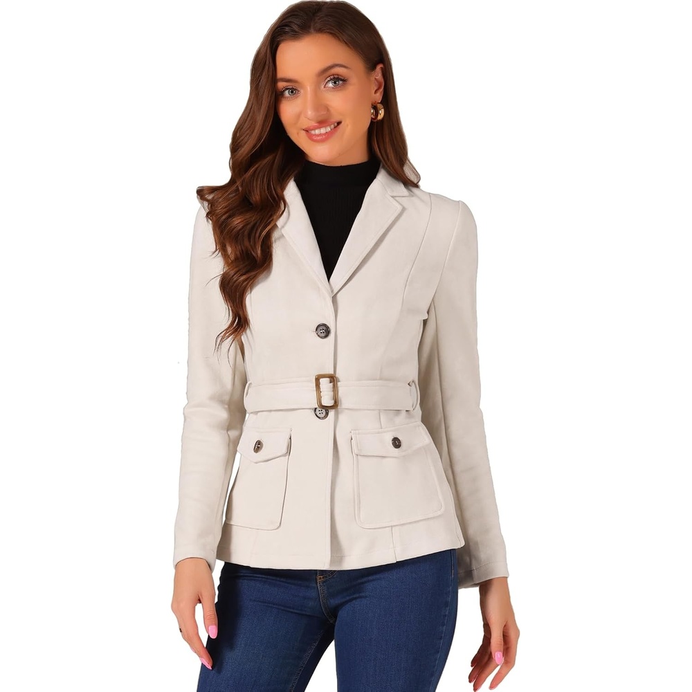 image:imageAllegra K Womens Faux Suede Blazer Belted Work Suit Jacket with Pockets Long Sleeve Button Down Collared Blazers Professional Business Casual Outfits for Fall WinterApricot