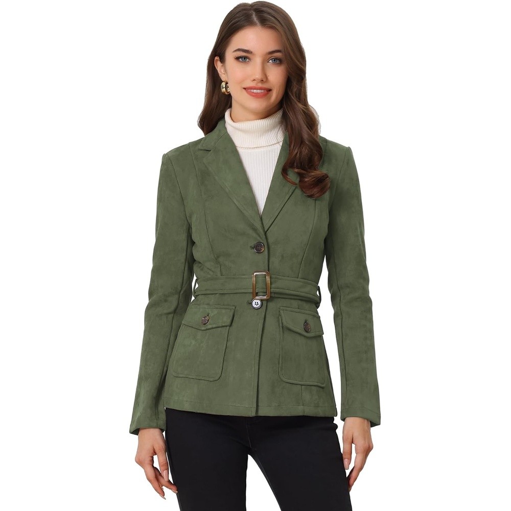 image:imageAllegra K Womens Faux Suede Blazer Belted Work Suit Jacket with Pockets Long Sleeve Button Down Collared Blazers Professional Business Casual Outfits for Fall WinterArmy Green