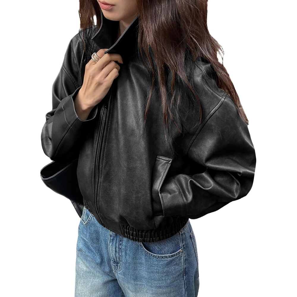 image:imageBEAUDRM Womens Y2K Faux Leather Jacket Zip Up Crop Bomber Jacket Going Out Motor Bike Motorcycle Coat Streetwear with PocketSolid Black