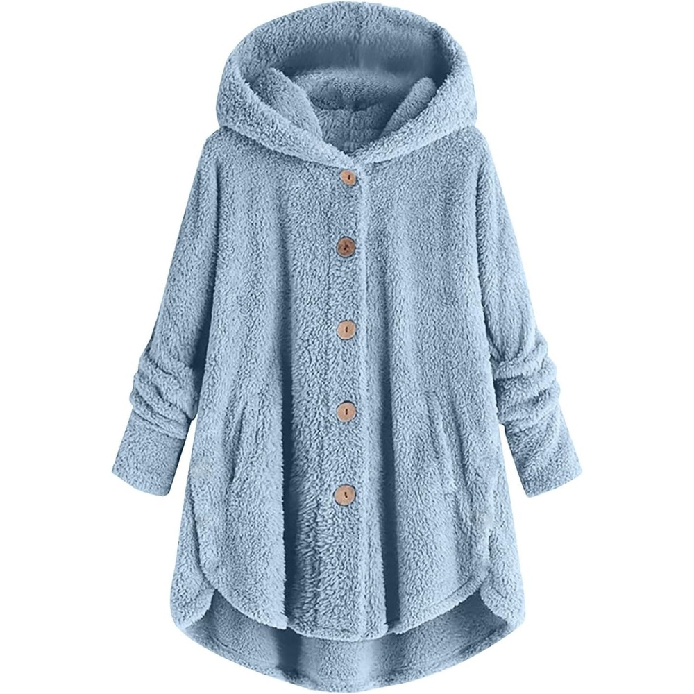 image:imageBeessbest Women Fleece Jacket Button Down Sherpa Hooded Coat Teddy Bear Jacket for Women Long Sleeve Solid Hoodies Oversized Fluffy Pajamas Coats Fall Winter Warm Outerwear with PocketSky Blue