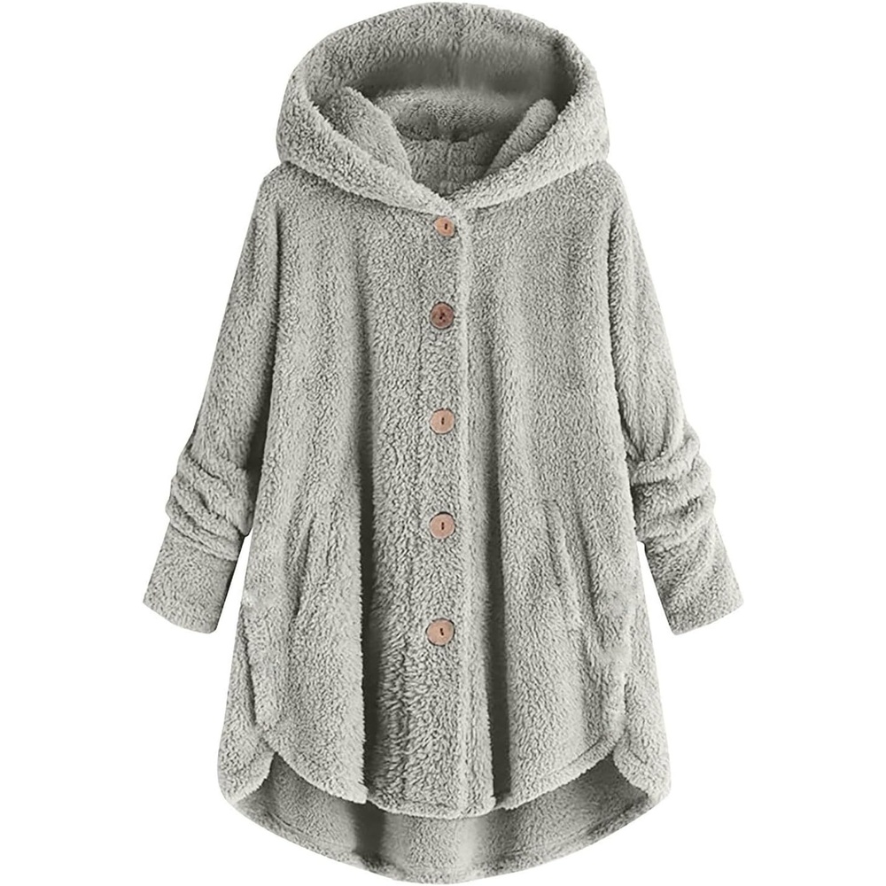 image:imageBeessbest Women Fleece Jacket Button Down Sherpa Hooded Coat Teddy Bear Jacket for Women Long Sleeve Solid Hoodies Oversized Fluffy Pajamas Coats Fall Winter Warm Outerwear with PocketGray