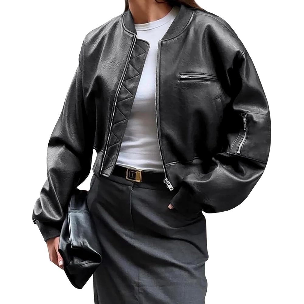 image:imageCicy Bell Womens Faux Leather Bomber Jacket Cropped Biker Coat with Pockets Zip up Boyfriend styleOversizedBlack