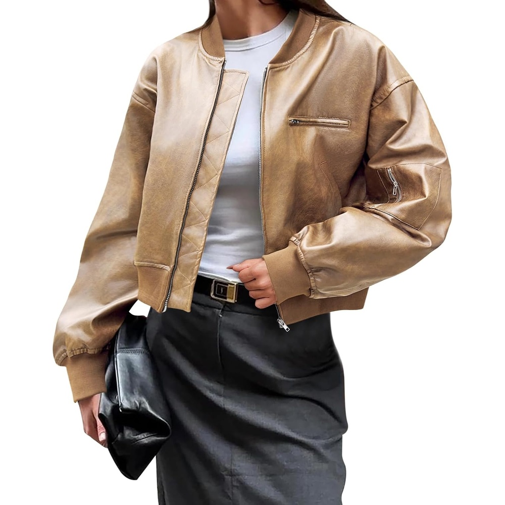 image:imageCicy Bell Womens Faux Leather Bomber Jacket Cropped Biker Coat with Pockets Zip up Boyfriend styleOversizedLight Khaki