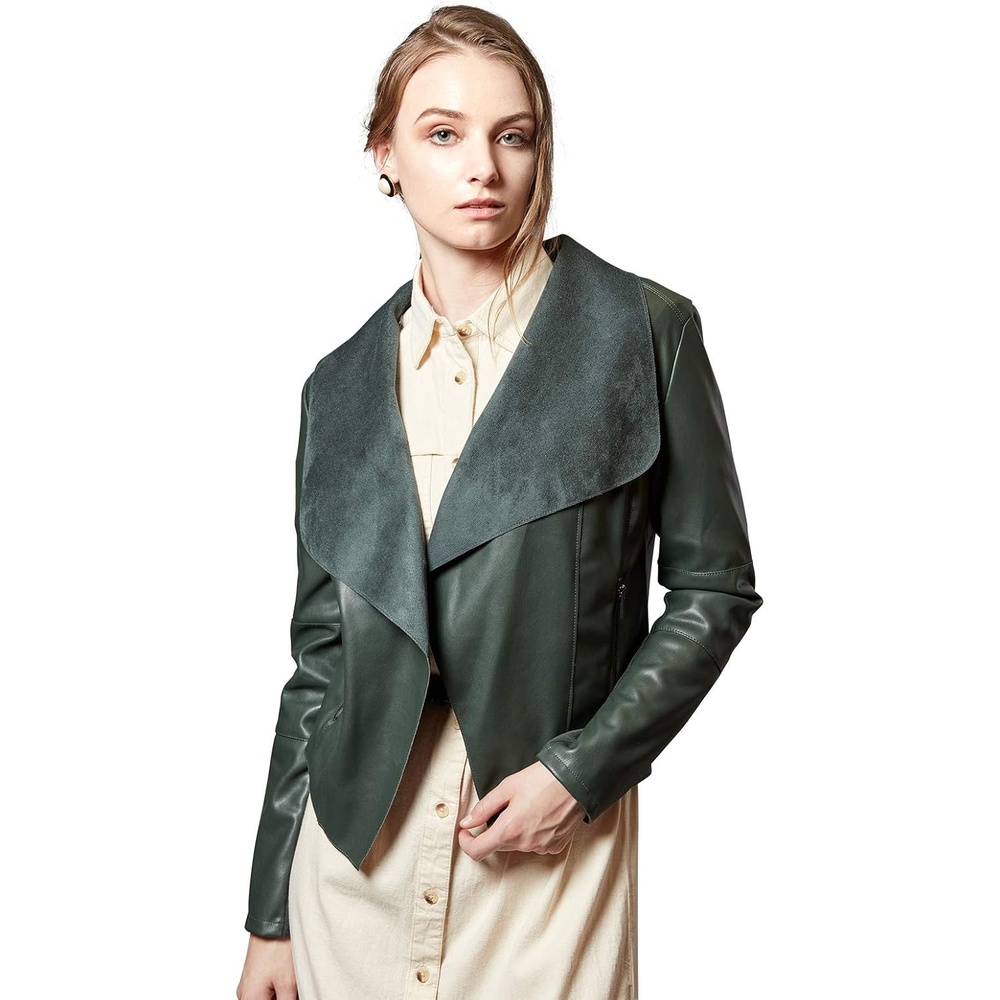 image:imageEscalier Womens Faux Leather Jacket Slim Open Front Lapel Blazer Jackets Soft and Flattering Cropped Design 2 Pockets with Metal Zippers Easy Layering Professional or Casual Going Out OutfitsGreen