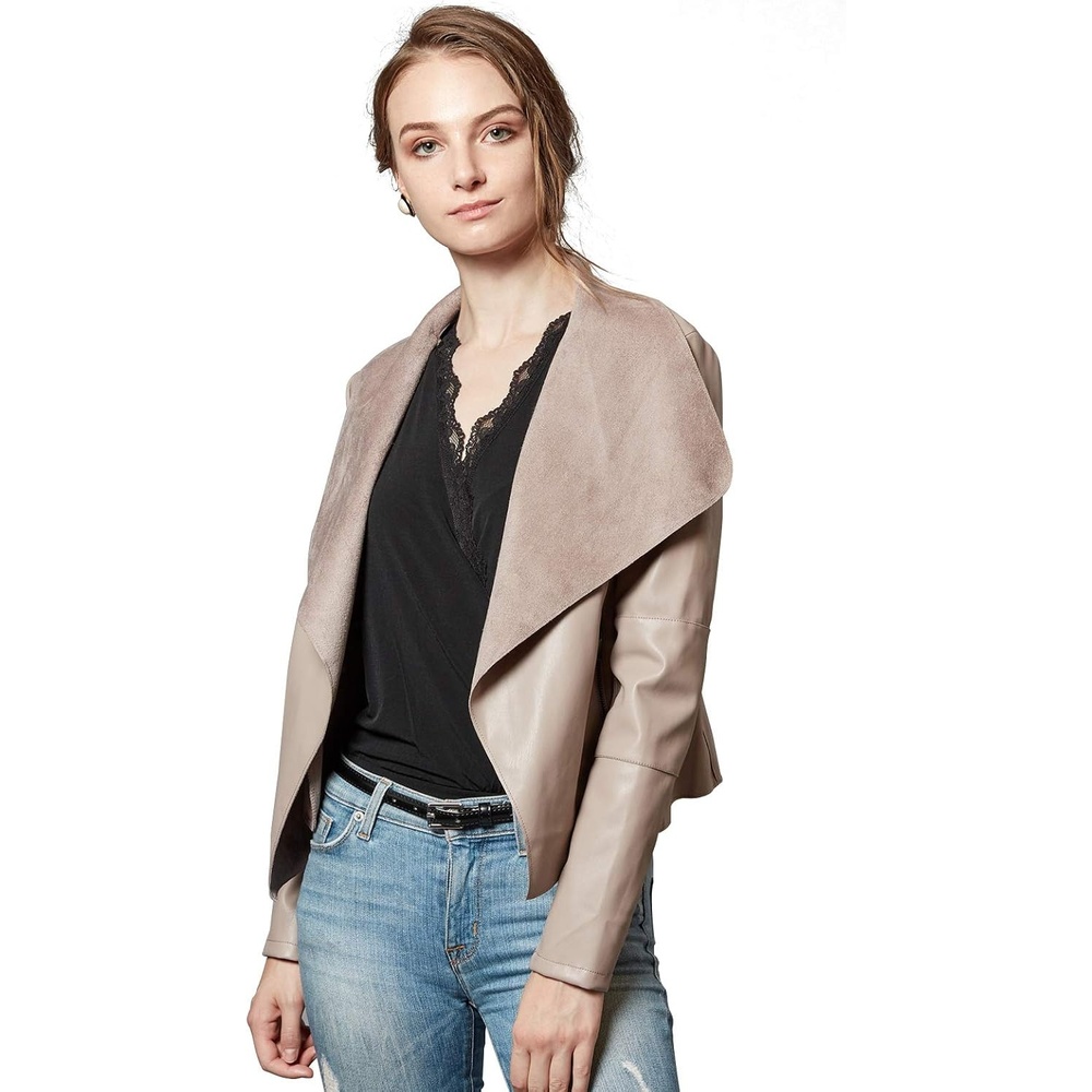 image:imageEscalier Womens Faux Leather Jacket Slim Open Front Lapel Blazer Jackets Soft and Flattering Cropped Design 2 Pockets with Metal Zippers Easy Layering Professional or Casual Going Out OutfitsKhaki