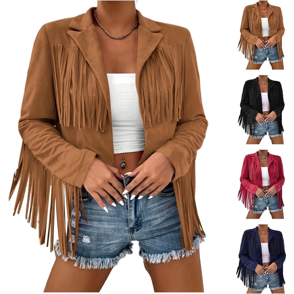 image:imageFringe Jacket Women Faux Suede Leather Jackets Vintage Tassel Cowgirl Coat Tassel Motorcycle Cropped Coats Casual Open Front Western Tassel Coat Long Sleeve Fall Winter Jacket OutwearBrown