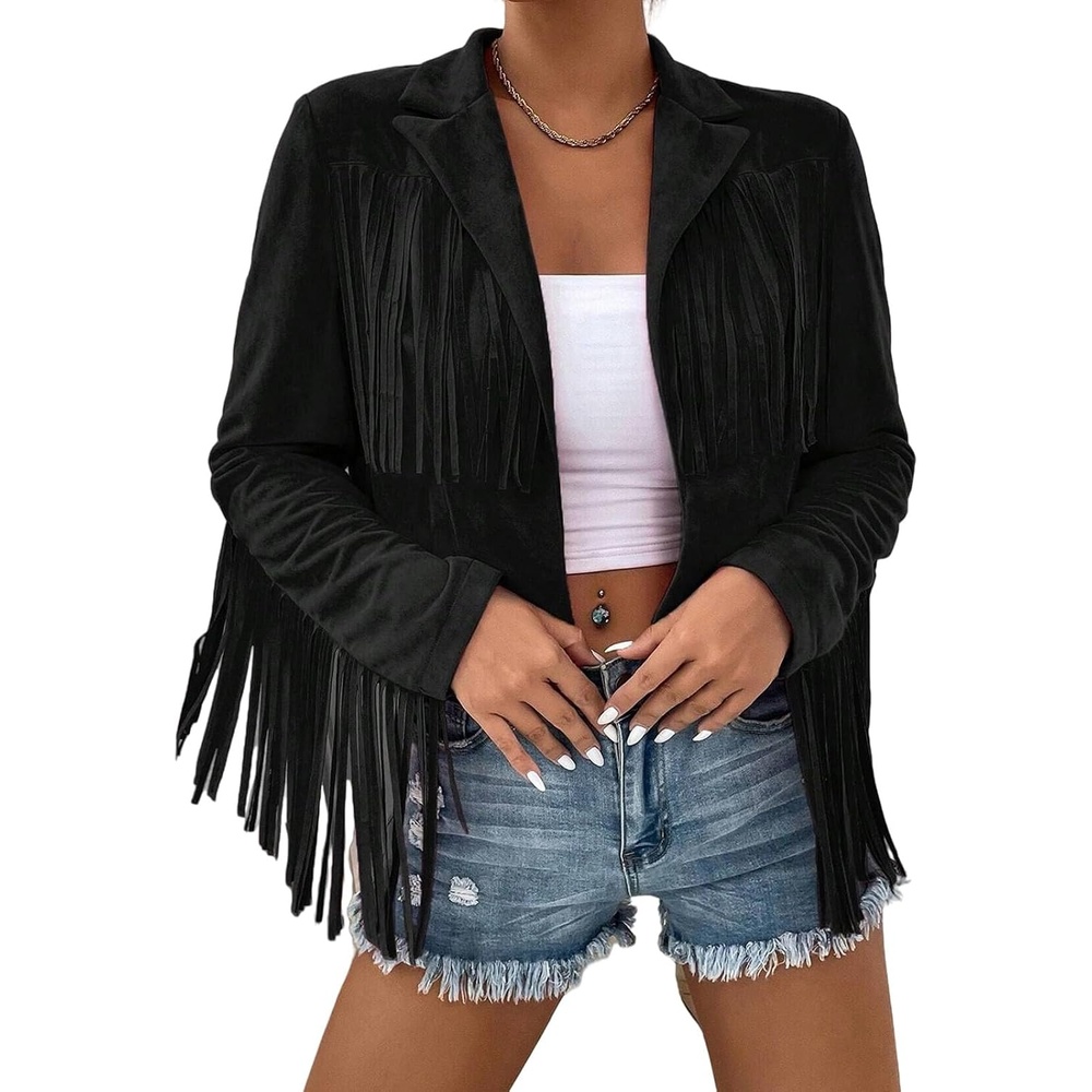 image:imageFringe Jacket Women Faux Suede Leather Jackets Vintage Tassel Cowgirl Coat Tassel Motorcycle Cropped Coats Casual Open Front Western Tassel Coat Long Sleeve Fall Winter Jacket OutwearBlack