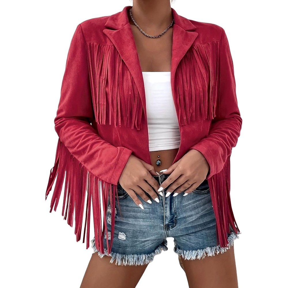 image:imageFringe Jacket Women Faux Suede Leather Jackets Vintage Tassel Cowgirl Coat Tassel Motorcycle Cropped Coats Casual Open Front Western Tassel Coat Long Sleeve Fall Winter Jacket OutwearHot Pink