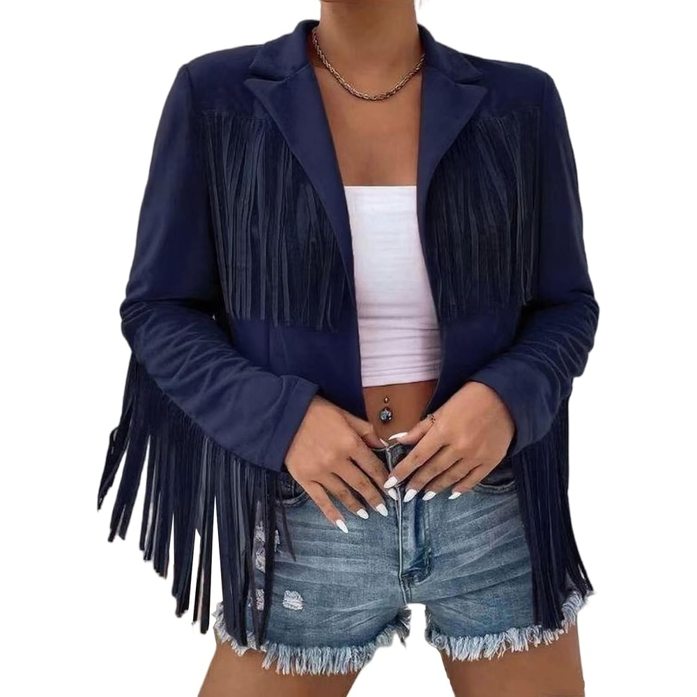 image:imageFringe Jacket Women Faux Suede Leather Jackets Vintage Tassel Cowgirl Coat Tassel Motorcycle Cropped Coats Casual Open Front Western Tassel Coat Long Sleeve Fall Winter Jacket OutwearNavy