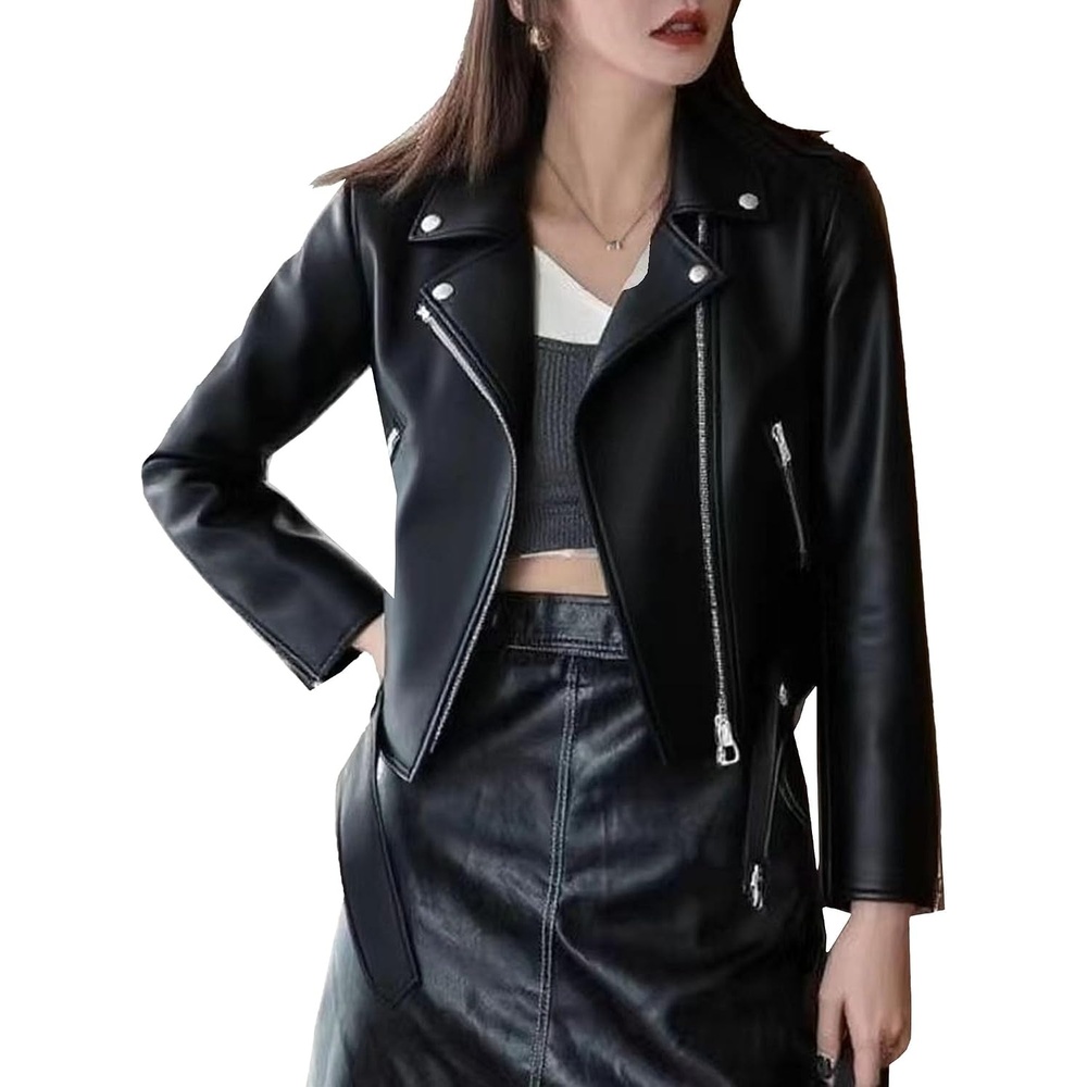 image:imageJEKEDG Womens Casual Blazer Collar Fashion Coat Vintage Biker Spring Fall Coat Jacket Faux Leather Zip Up CoatsBlack 2