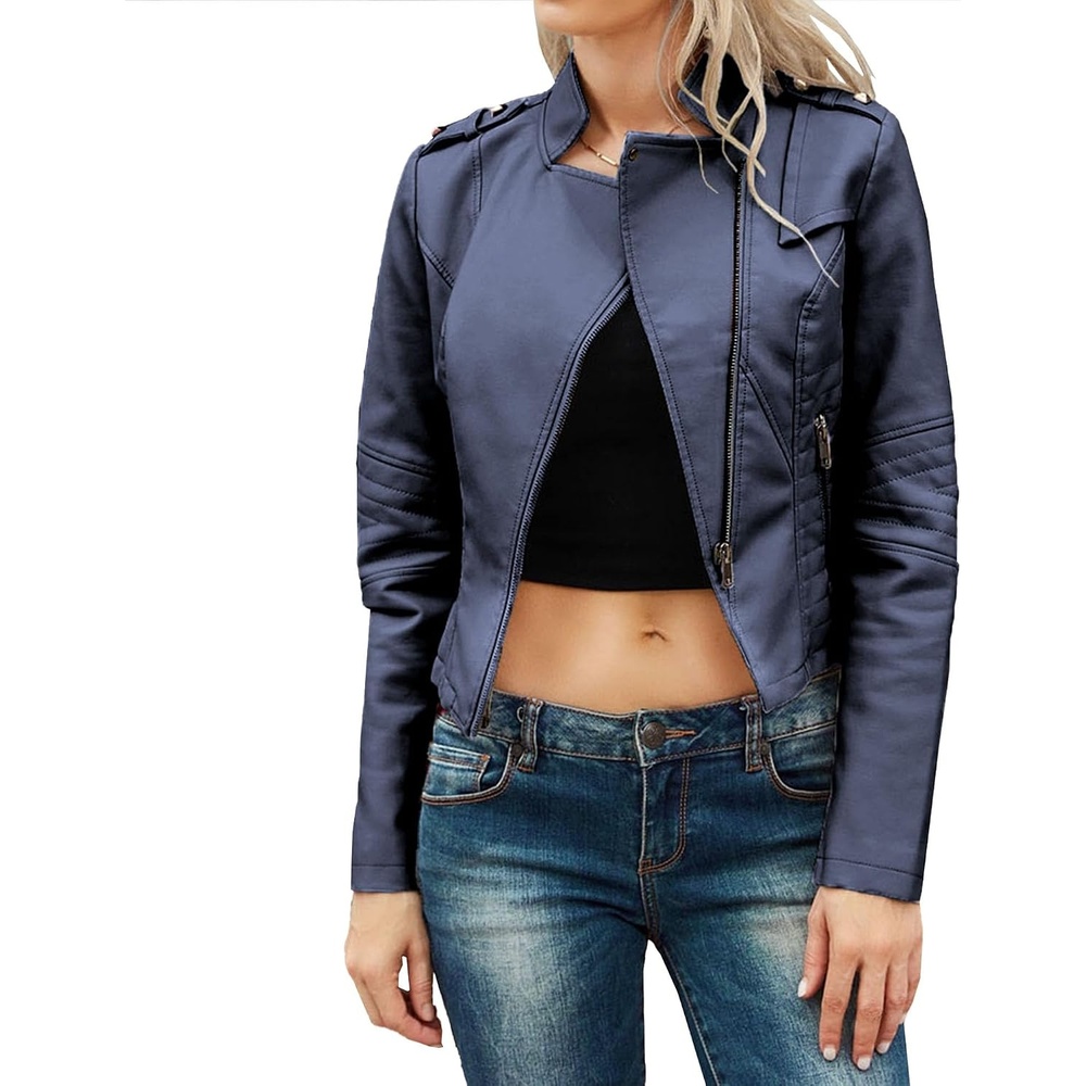 image:imageJEKEDG Womens Casual Blazer Collar Fashion Coat Vintage Biker Spring Fall Coat Jacket Faux Leather Zip Up CoatsBlue 3
