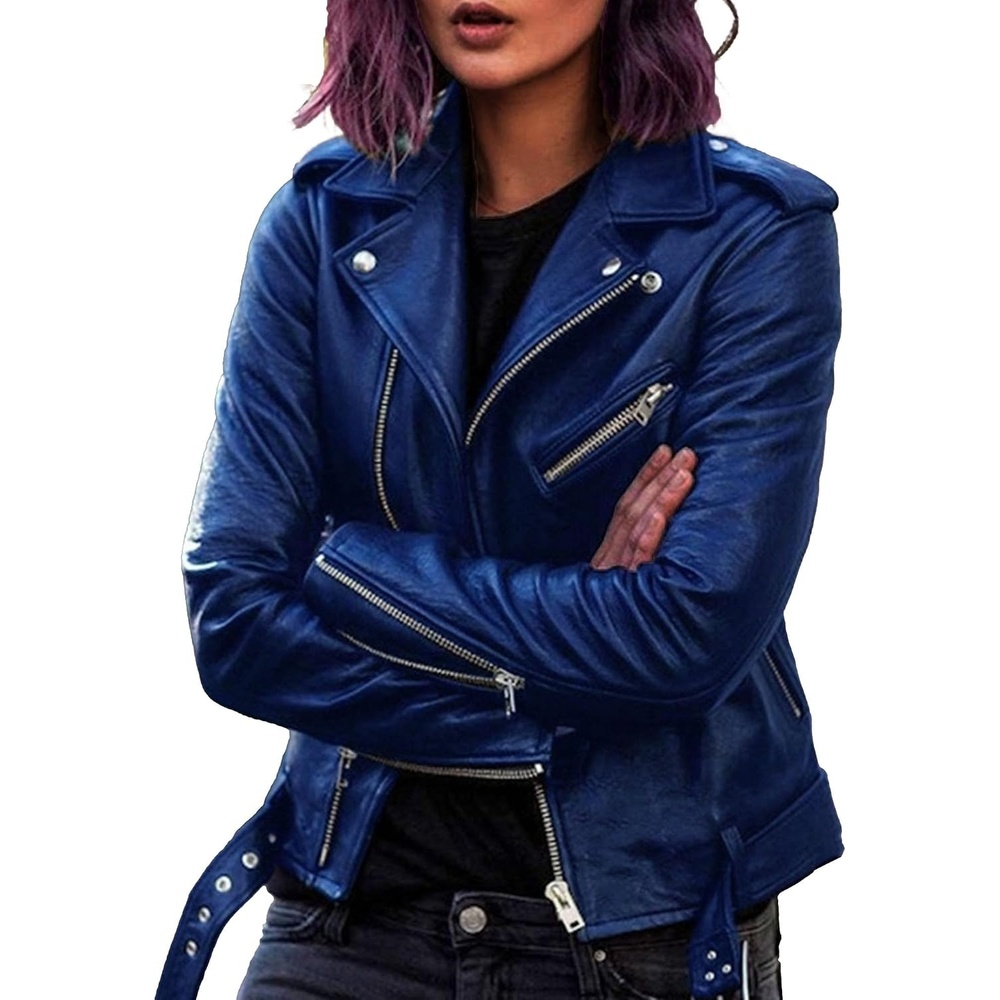image:imageJEKEDG Womens Casual Blazer Collar Fashion Coat Vintage Biker Spring Fall Coat Jacket Faux Leather Zip Up CoatsBlue
