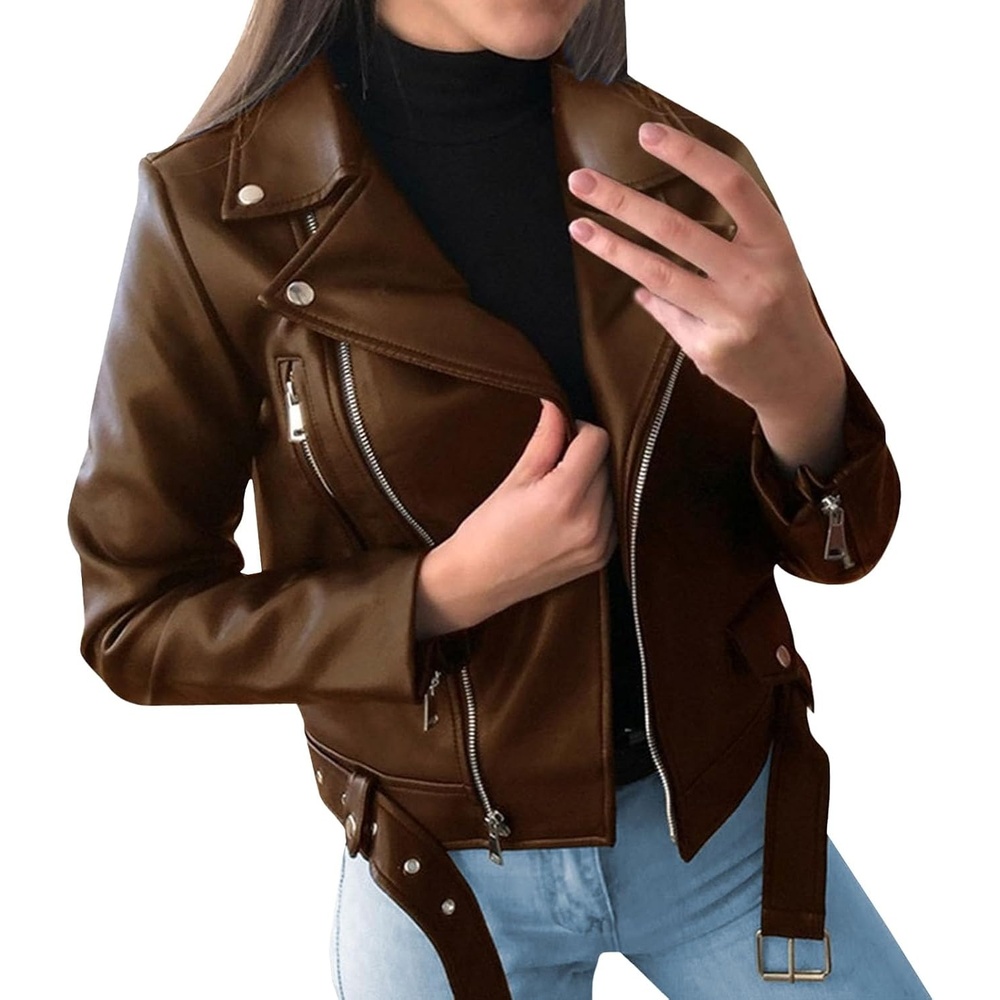 image:imageJEKEDG Womens Casual Blazer Collar Fashion Coat Vintage Biker Spring Fall Coat Jacket Faux Leather Zip Up CoatsBrown 1