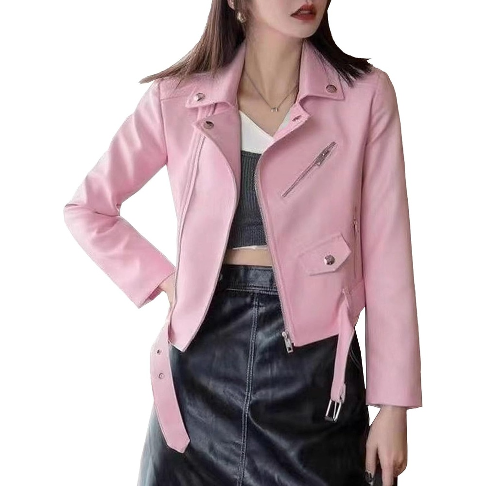 image:imageJEKEDG Womens Casual Blazer Collar Fashion Coat Vintage Biker Spring Fall Coat Jacket Faux Leather Zip Up CoatsPink 2