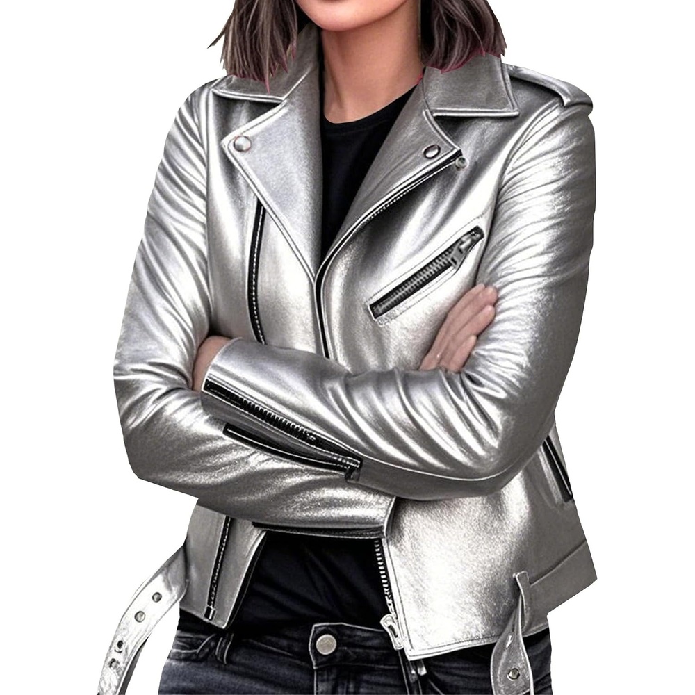 image:imageJEKEDG Womens Casual Blazer Collar Fashion Coat Vintage Biker Spring Fall Coat Jacket Faux Leather Zip Up CoatsSilver