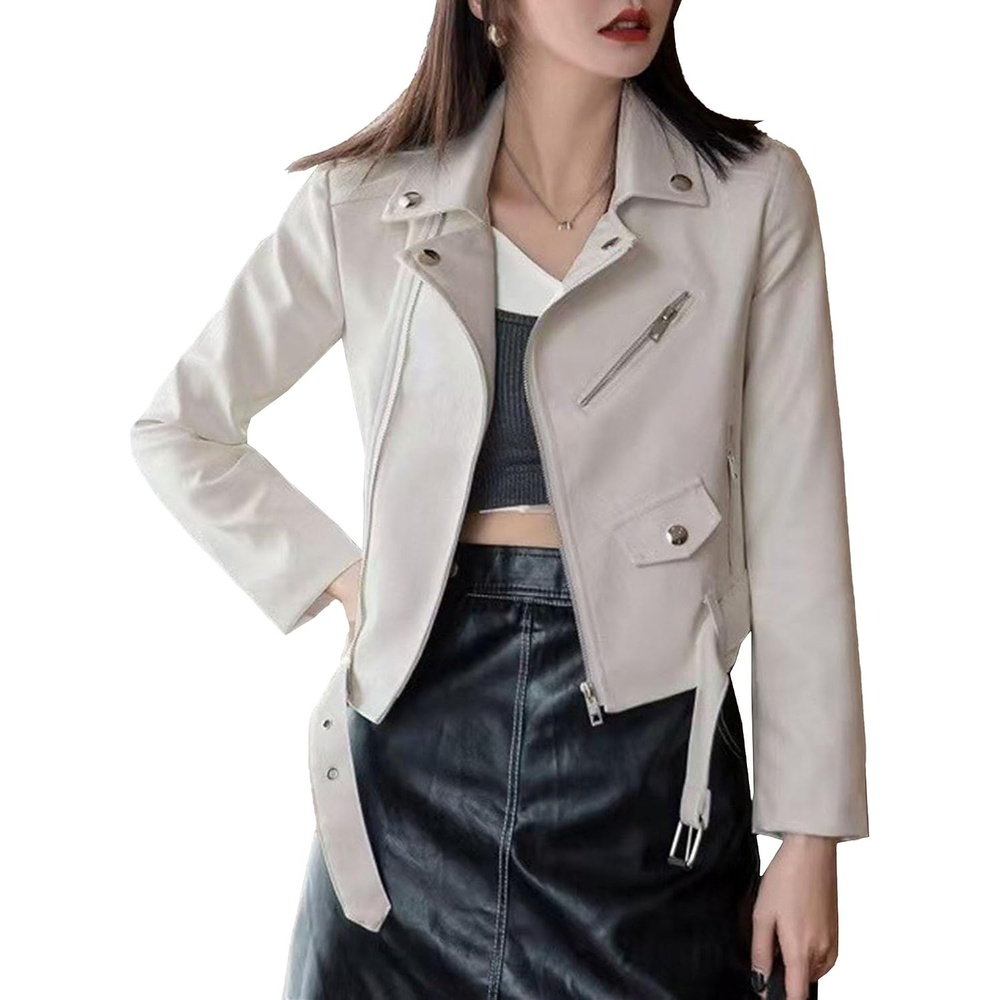 image:imageJEKEDG Womens Casual Blazer Collar Fashion Coat Vintage Biker Spring Fall Coat Jacket Faux Leather Zip Up CoatsWhite 2