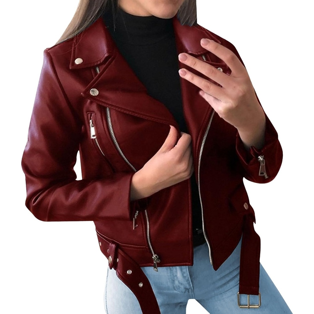 image:imageJEKEDG Womens Casual Blazer Collar Fashion Coat Vintage Biker Spring Fall Coat Jacket Faux Leather Zip Up CoatsWine Red 1
