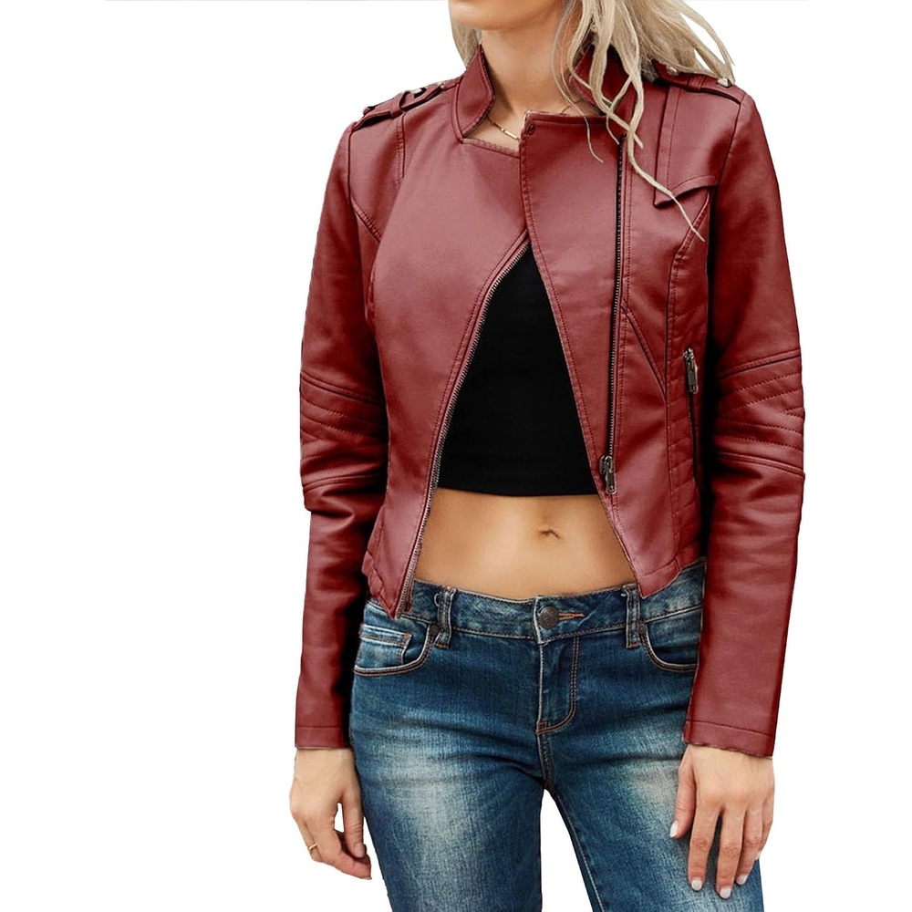 image:imageJEKEDG Womens Casual Blazer Collar Fashion Coat Vintage Biker Spring Fall Coat Jacket Faux Leather Zip Up CoatsWinered3