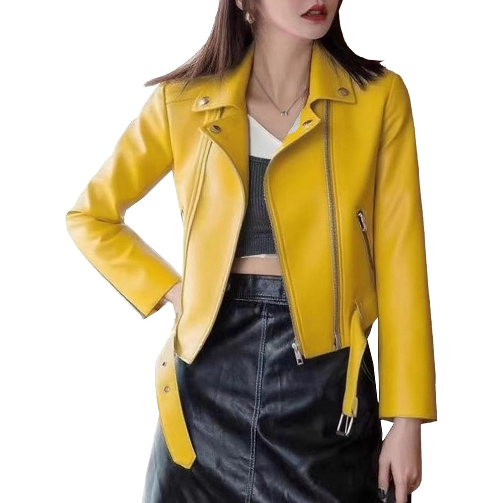 image:imageJEKEDG Womens Casual Blazer Collar Fashion Coat Vintage Biker Spring Fall Coat Jacket Faux Leather Zip Up CoatsYellow 2