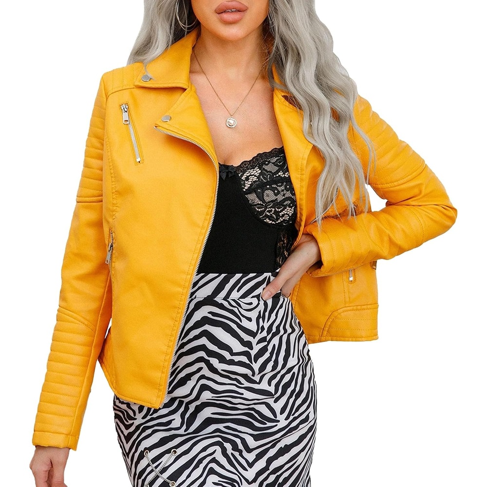 image:imageJEKEDG Womens Casual Blazer Collar Fashion Coat Vintage Biker Spring Fall Coat Jacket Faux Leather Zip Up CoatsYellow 4