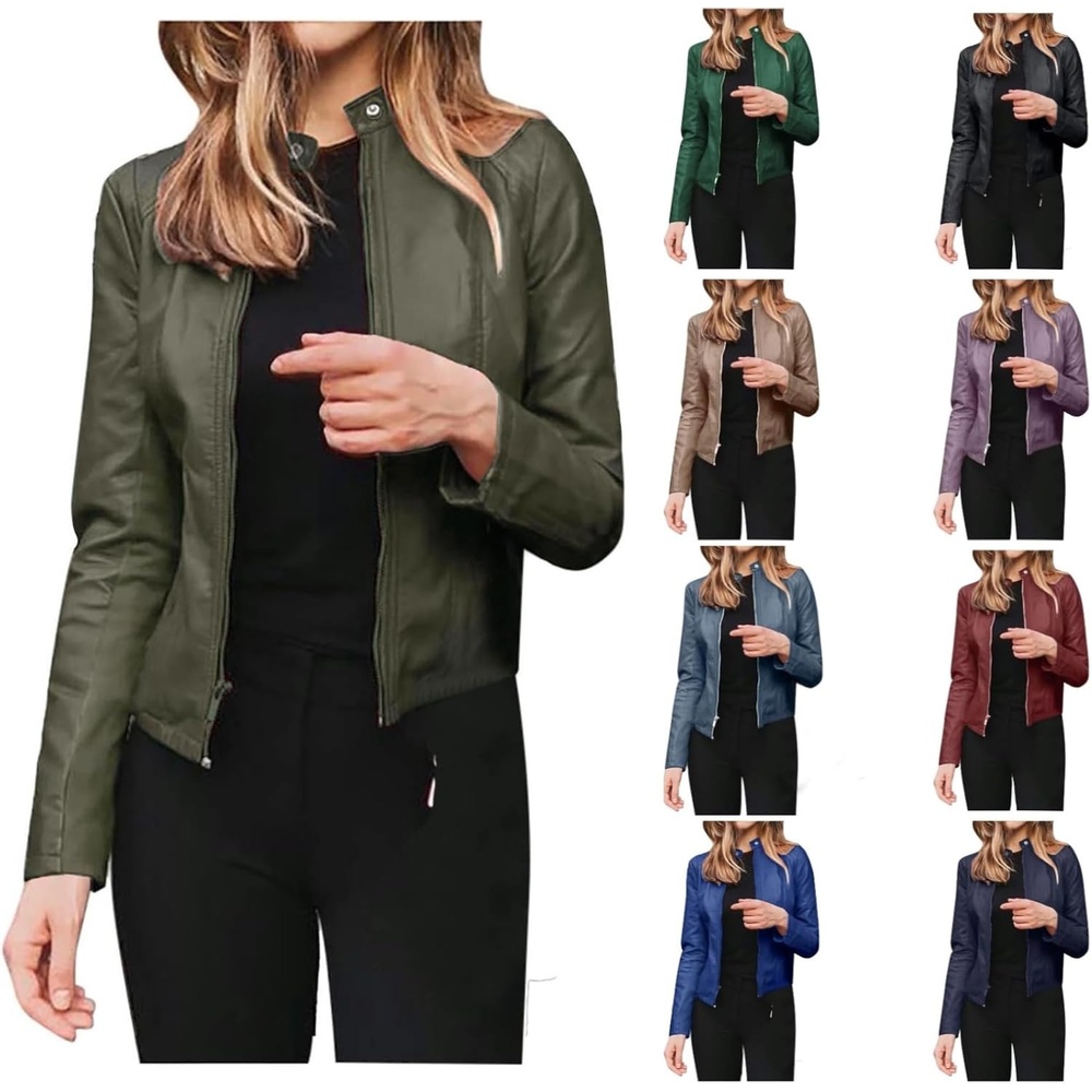 image:imageJiXiang Leather Bomber Jacket Women Cropped Lightweight Faux Leather Motorcycle Jackets Zip Up PU Elegant Moto Biker Outwear1army Green