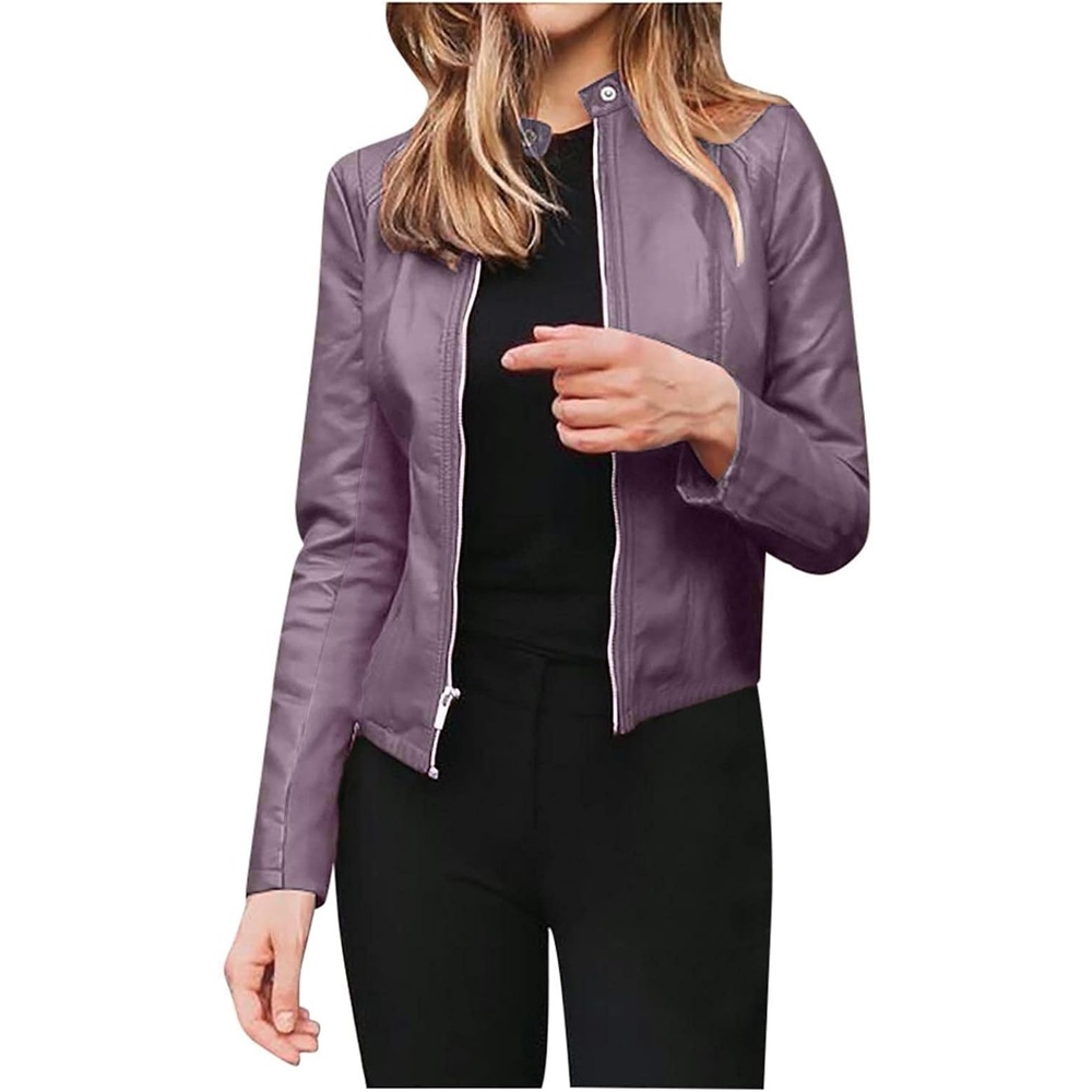 image:imageJiXiang Leather Bomber Jacket Women Cropped Lightweight Faux Leather Motorcycle Jackets Zip Up PU Elegant Moto Biker Outwear1purple