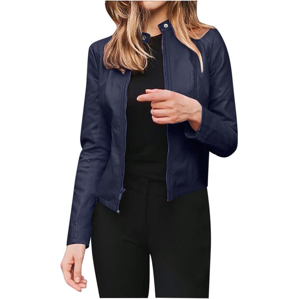 image:imageJiXiang Leather Bomber Jacket Women Cropped Lightweight Faux Leather Motorcycle Jackets Zip Up PU Elegant Moto Biker Outwear2dark Blue