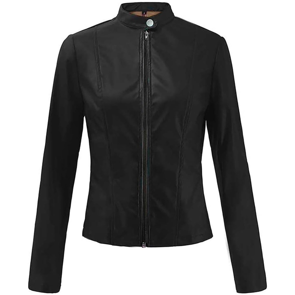 image:imageJiXiang Leather Bomber Jacket Women Cropped Lightweight Faux Leather Motorcycle Jackets Zip Up PU Elegant Moto Biker Outwear3black