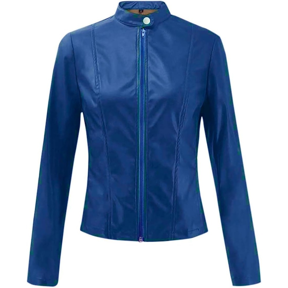 image:imageJiXiang Leather Bomber Jacket Women Cropped Lightweight Faux Leather Motorcycle Jackets Zip Up PU Elegant Moto Biker Outwear3blue