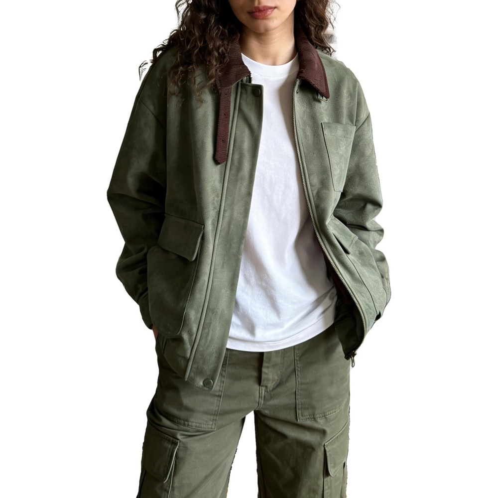 image:imageLadyful Womens Faux Suede Leather Jacket Casual Fall Winter Oversized Bomber Barn Coat Corduroy Collar Trendy OuterwearArmygreen